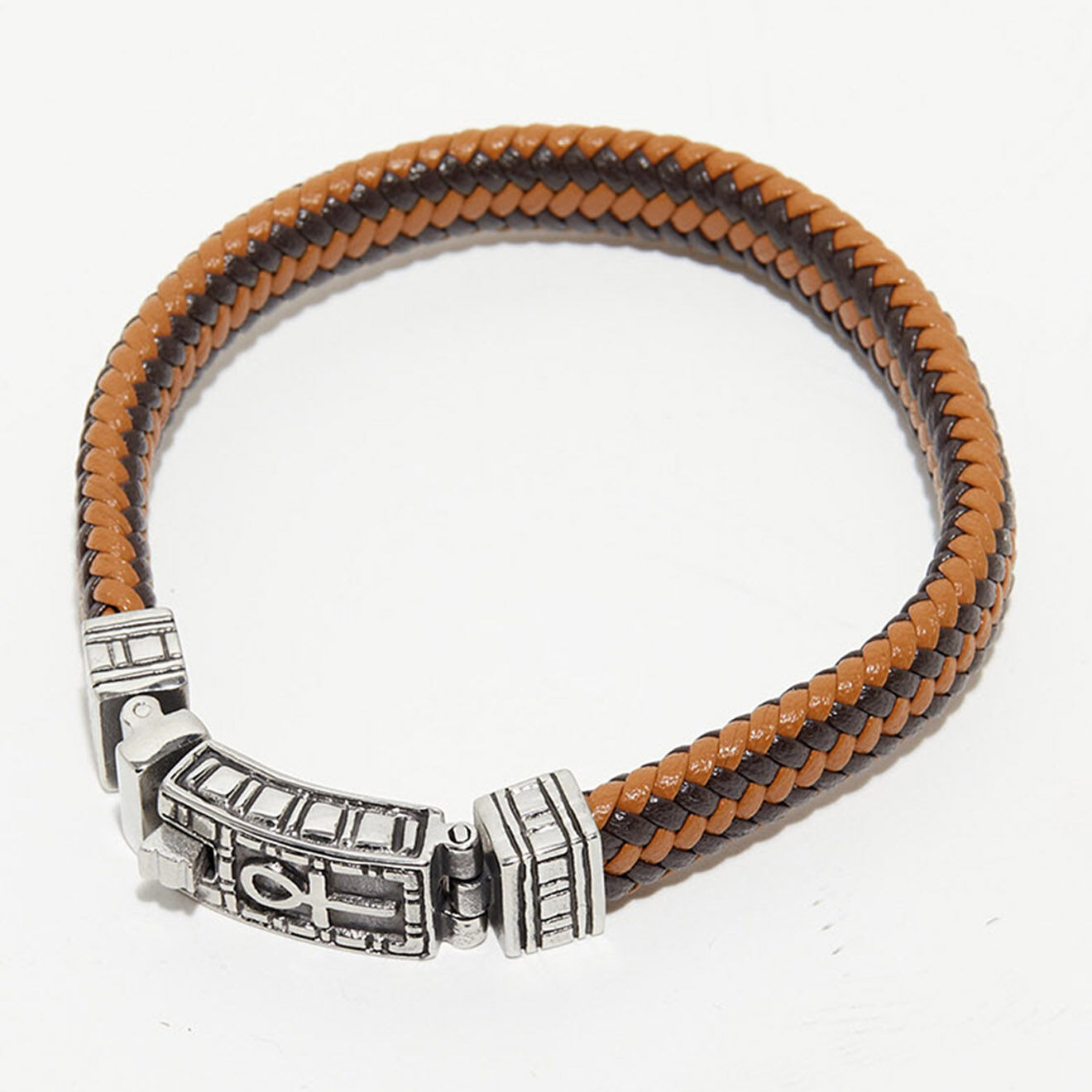 Jacobson Bracelet Croix en Acier & Cuir tressé marron