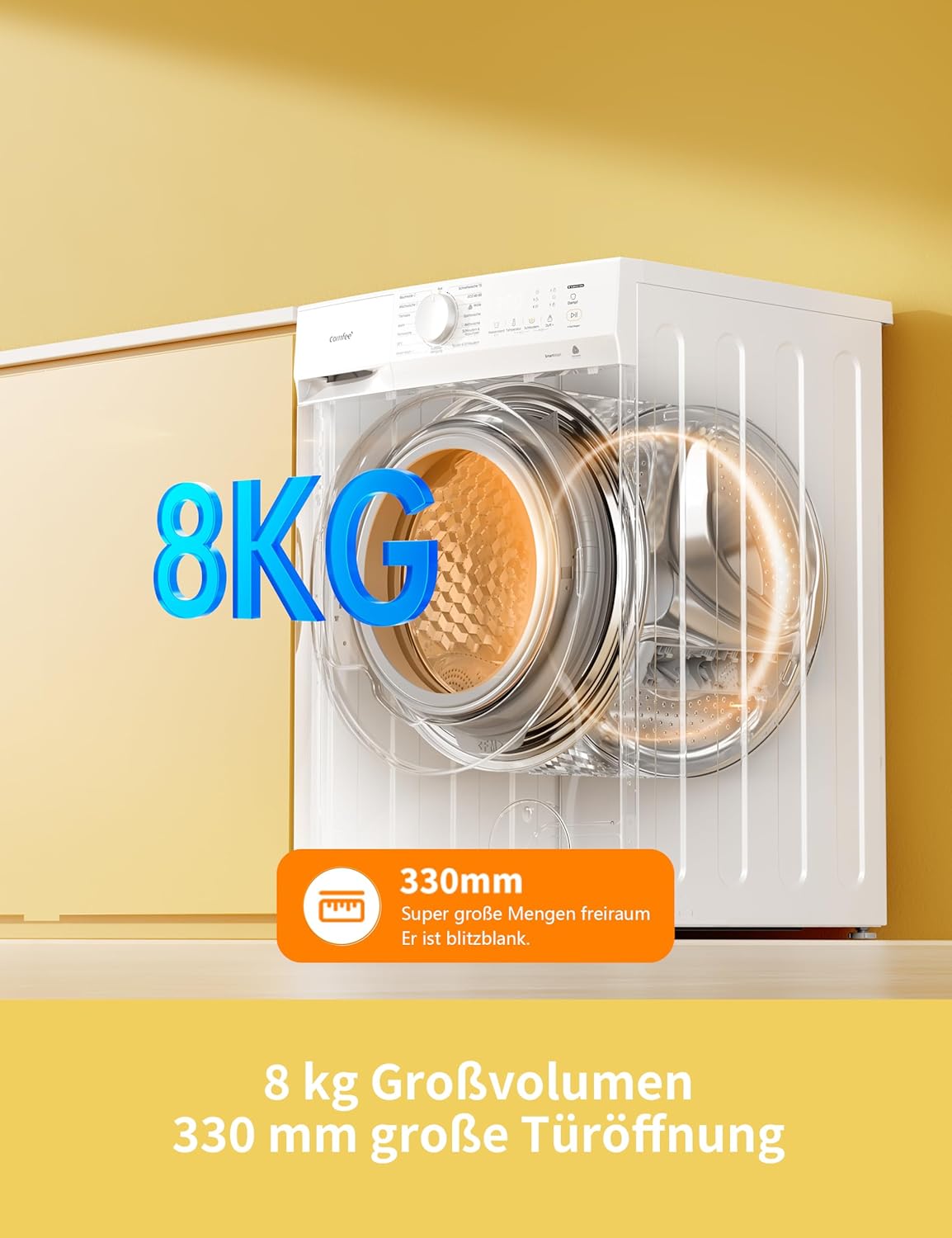 Comfee Waschmaschine 8kg, Washing machine mit Tierhaar-Programm & Dampffunktion,16 Programme,Energy Efficiency Class A-10%,Nachlegefunktion, Leise & Energiesparend, CF08EWP05W, Weiß