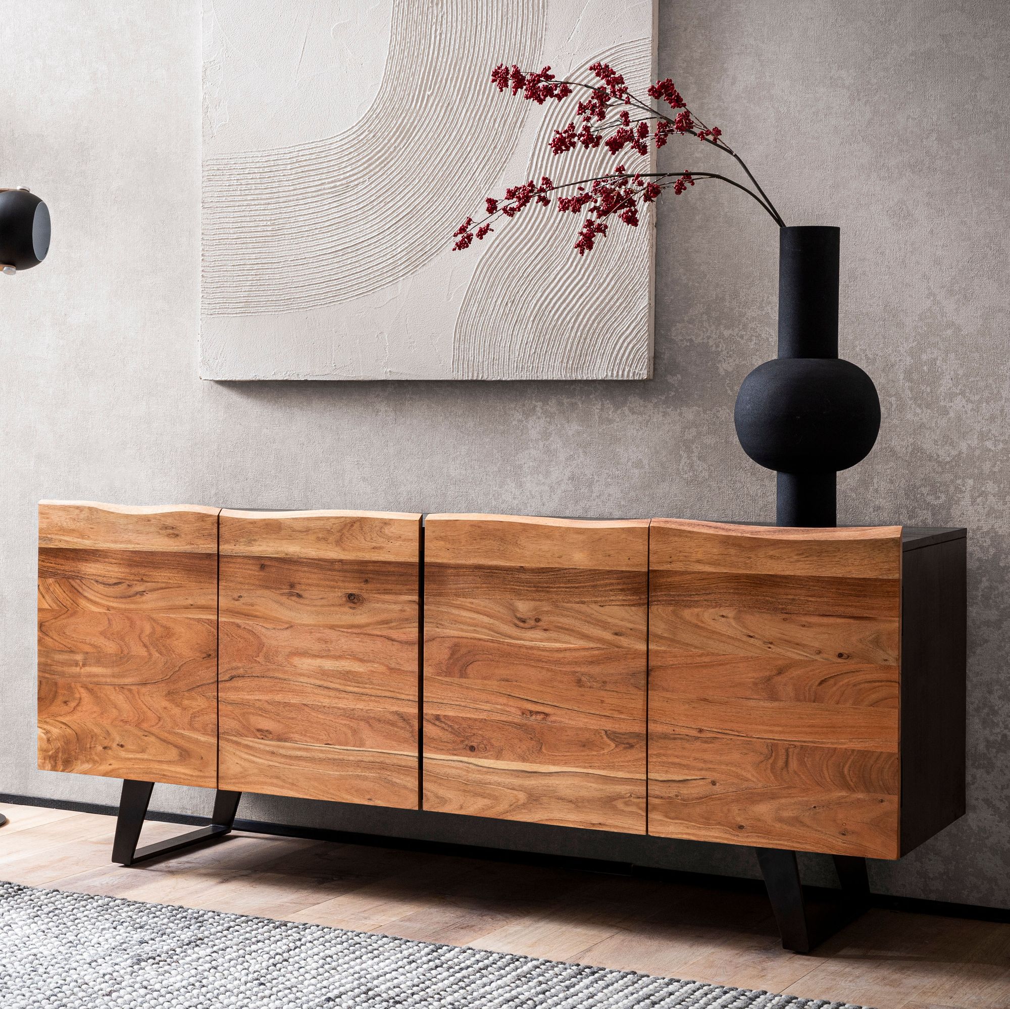 Sideboard FineBuy Anrichte Holz Massiv 180 cm Kommode Standschrank Baumkante