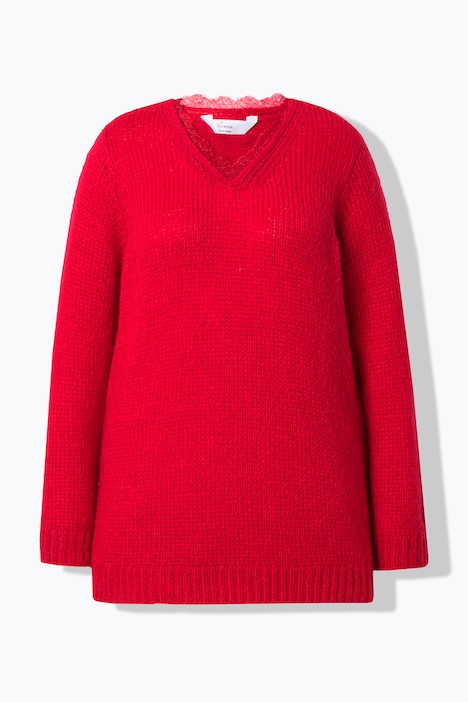 Pullover, Classic Fit, Grobstrick, Ausschnitt mit Spitze