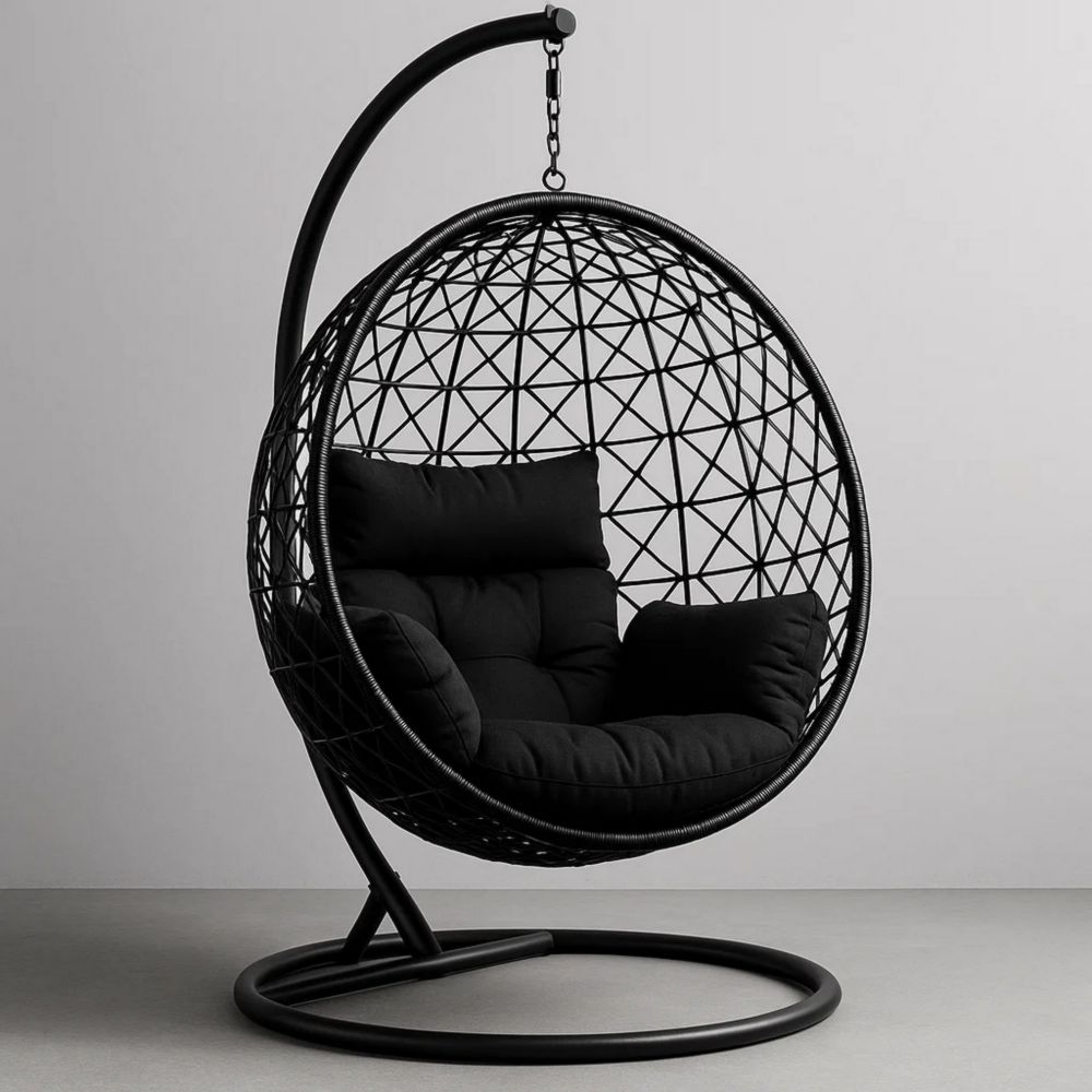 Schwebesessel Polyrattan Rund Schwarz mit Stahlrahmen und Polyesterkissen, Höhe 195 cm