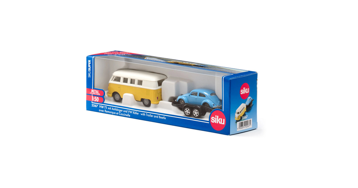 SIKUSuper - VW T1 met aanhanger en VW Kever Modelvoertuig