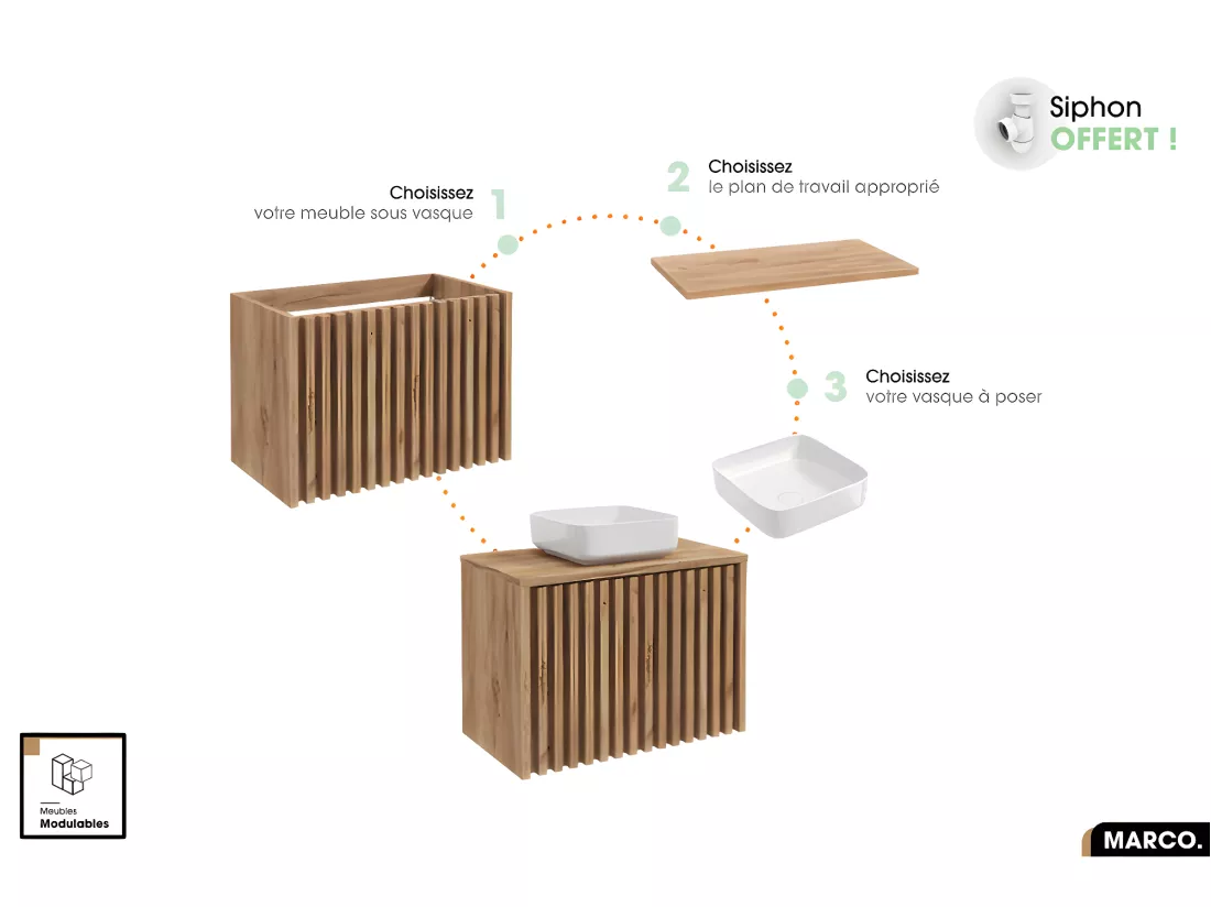 Ensemble meuble sous vasque avec vasque à poser - Siphon OFFERT | MARCO | OAK | 80 x 56 x 45 cm