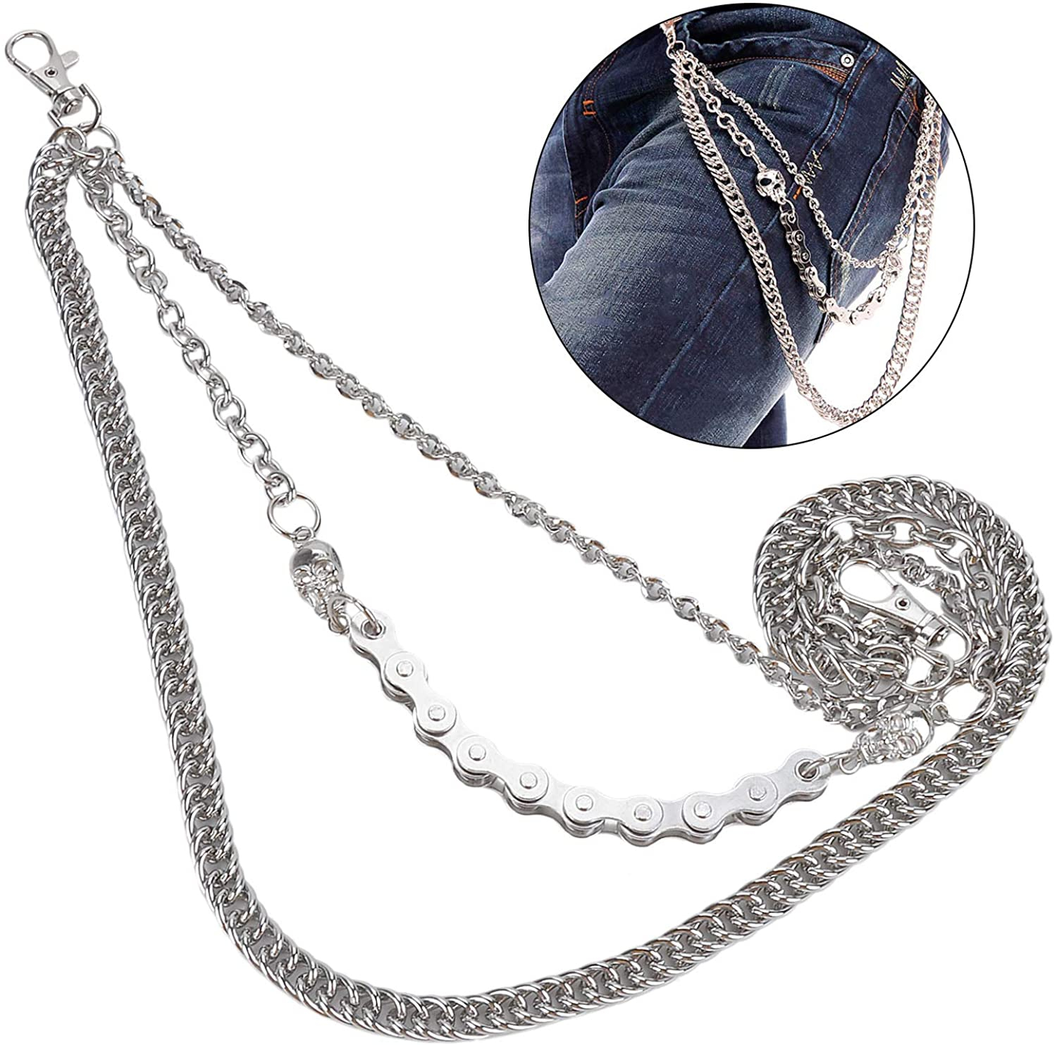(38cm) Metall Hosen Kette 3in1 Jeans Accessoire mit Trigger Verschluss - Silber