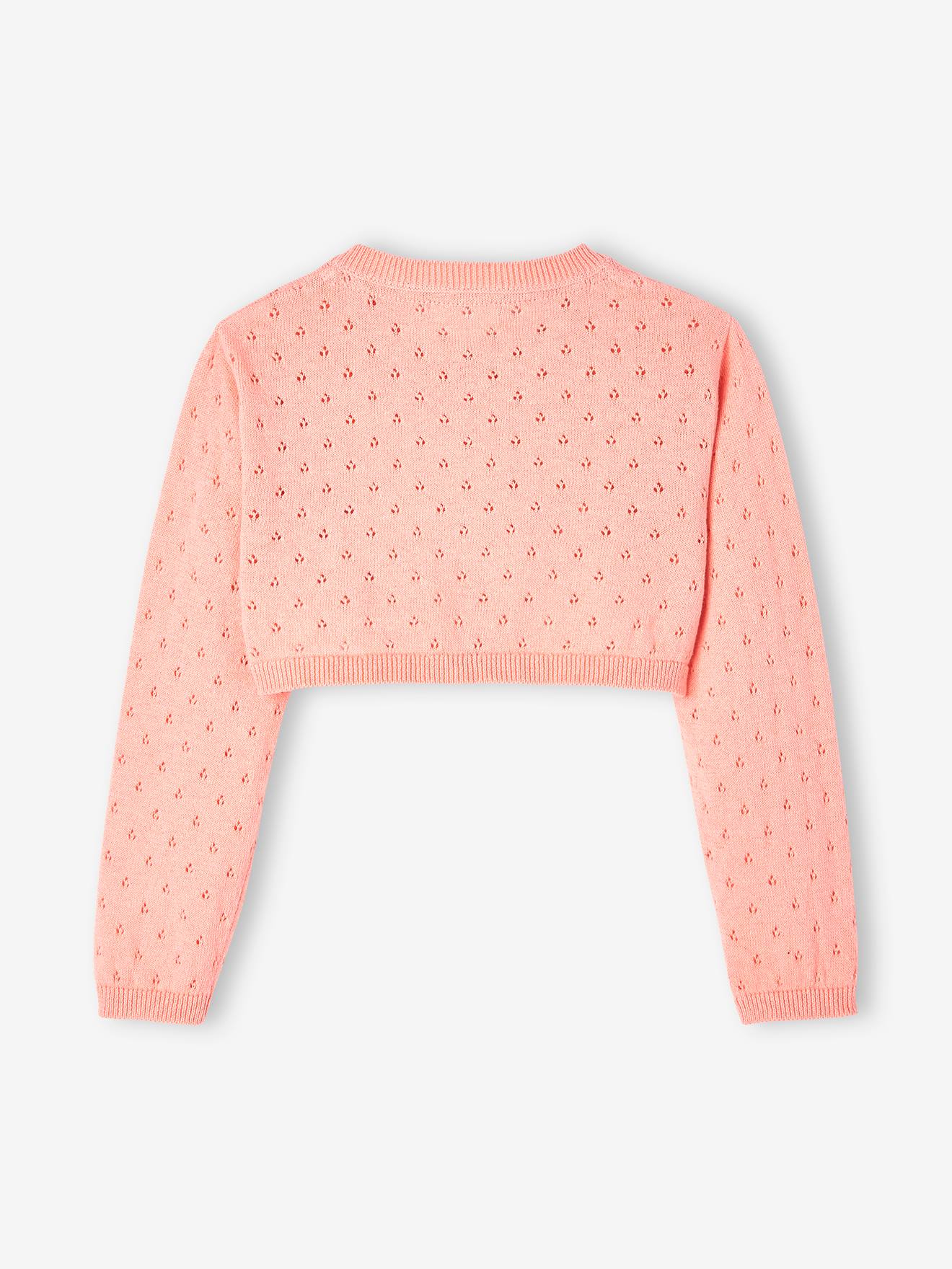 Casaquinho de tricô vazado coral para meninas
