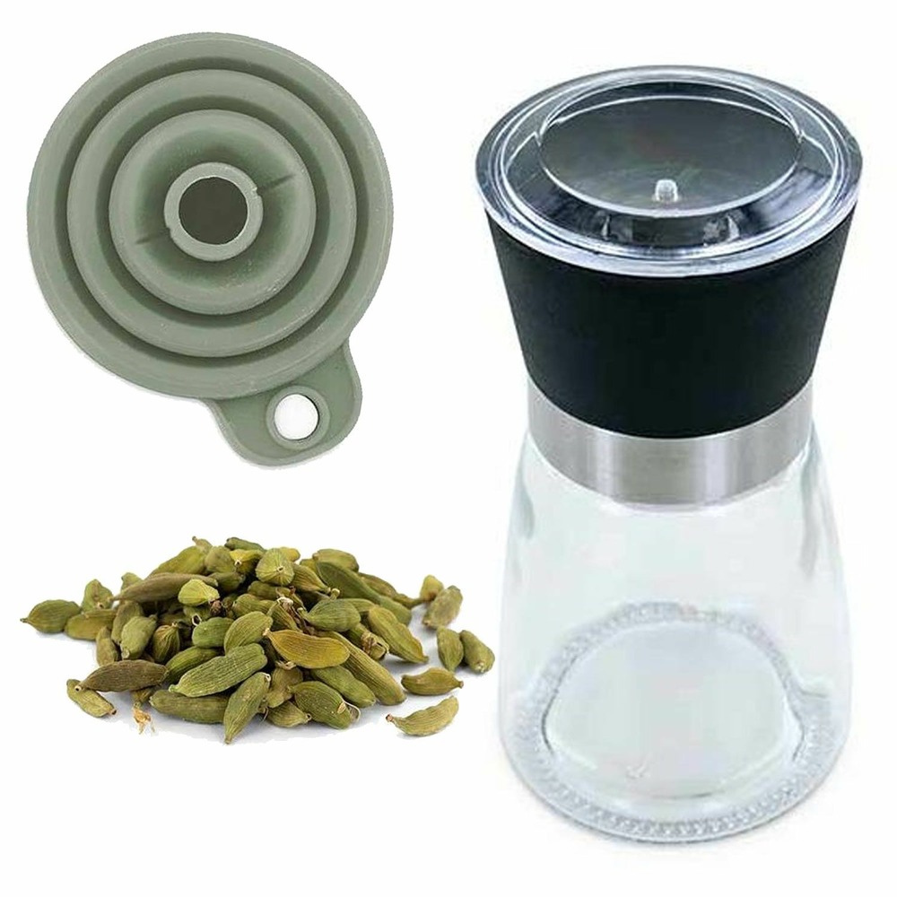 Moulin à épices, entonnoir et cardamome verte bio