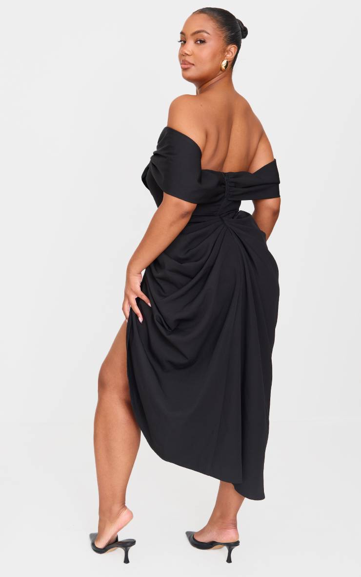 Noir Robe Midi Drapée Grande Taille À Corset Bardot
