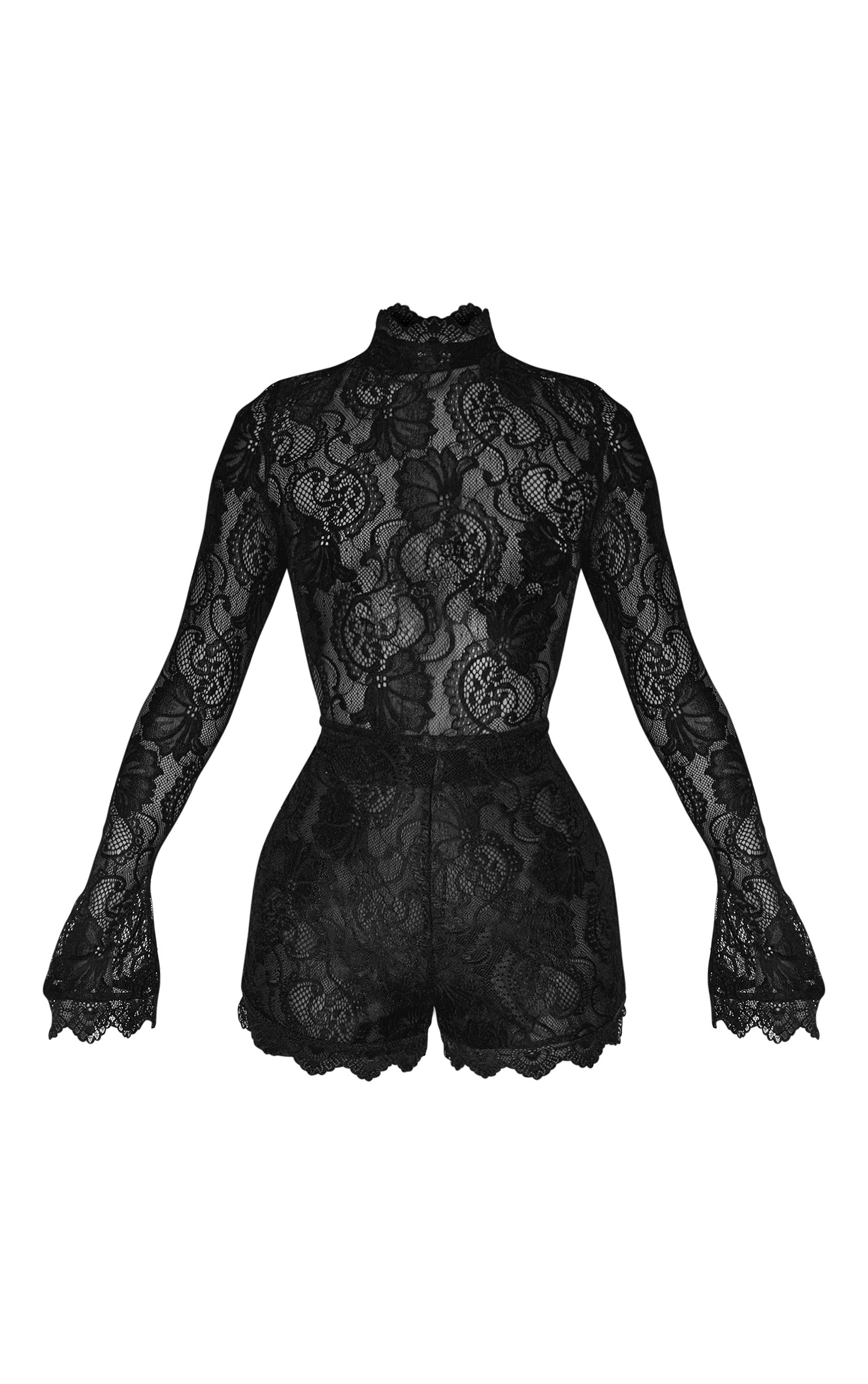 Noir Combinaison Ajustée Petite En Dentelle À Manches Longues
