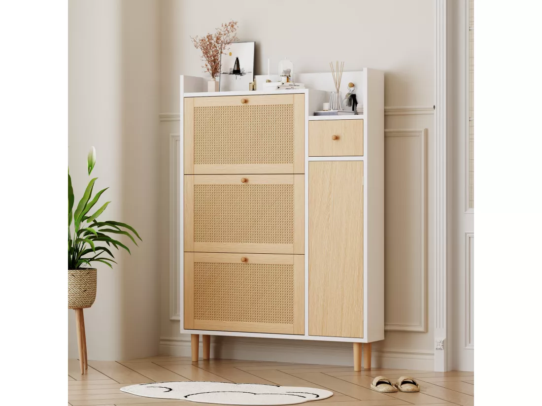 Meuble à chaussures 3 portes abattants et 1 tiroir dim. 90L x 17L x 125H cm aspect bois effet cannage rotin coloris blanc + chêne