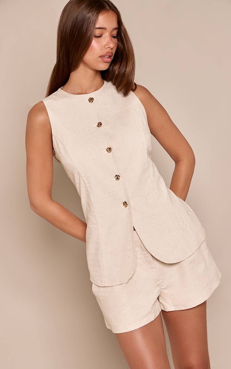 Naturel Ensemble Coordonné Gilet À Boutons Dorés Texturé
