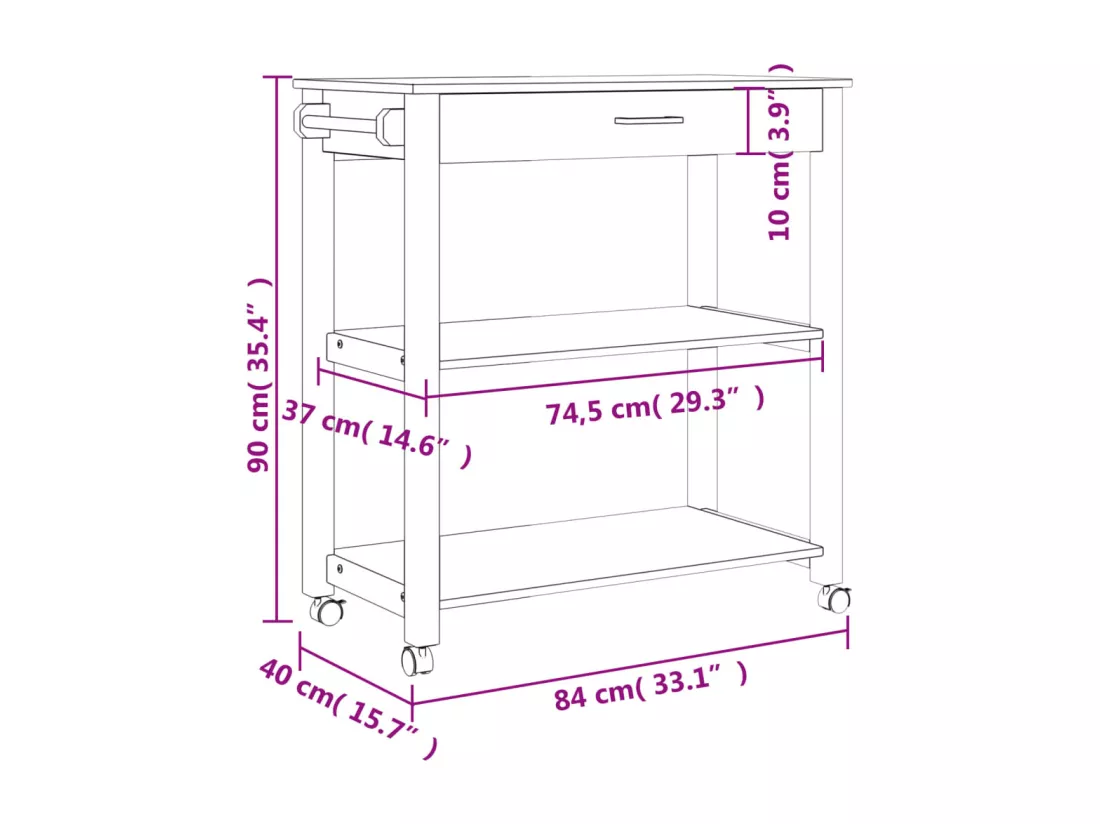 Chariot de cuisine MONZA 84x40x90 cm bois massif de pin