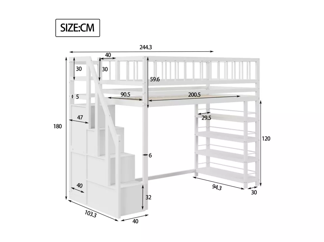Lit mezzanine 90x200 cm - avec étagères et échelle de rangement - en bois massif - Blanc