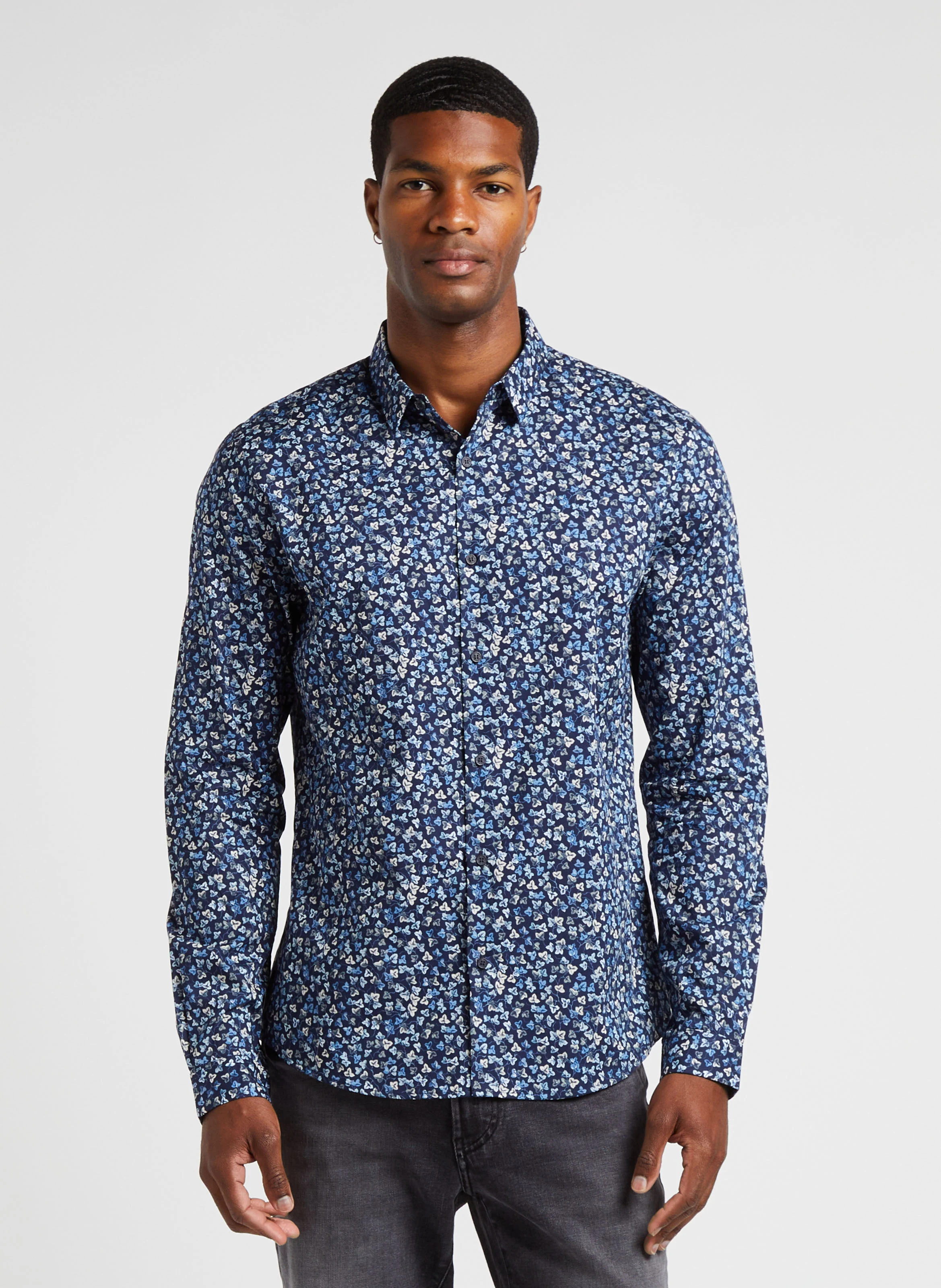 Chemise slim-fit en coton imprimée | Bleu