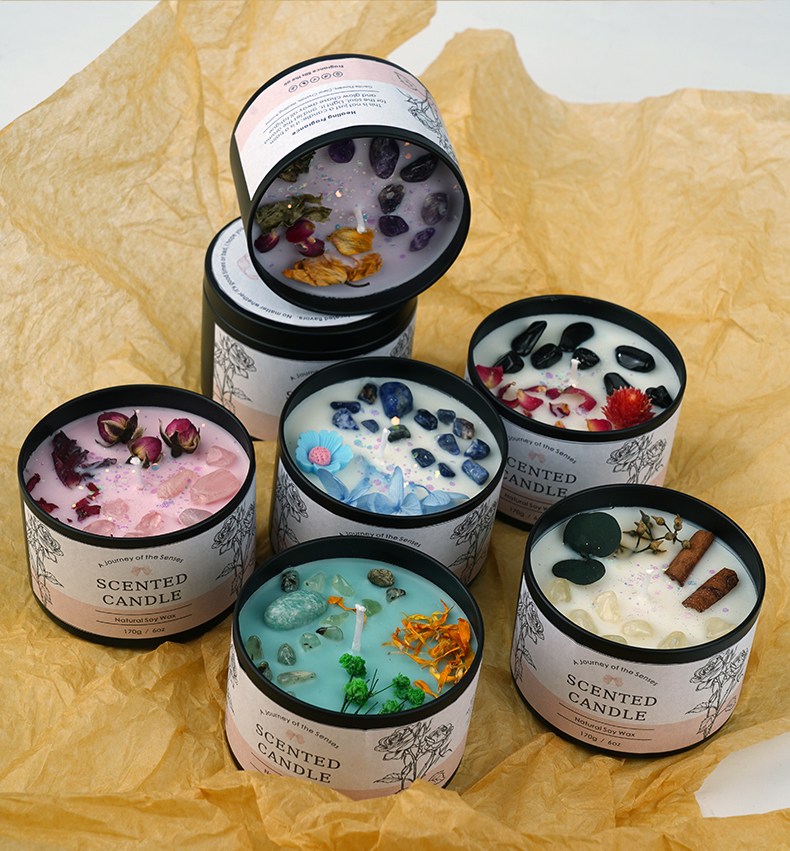 Duft Kerze in Dose Aromatherapie Sojawachs Kerze Home Deko Kristall Steine / Blumen - Rose