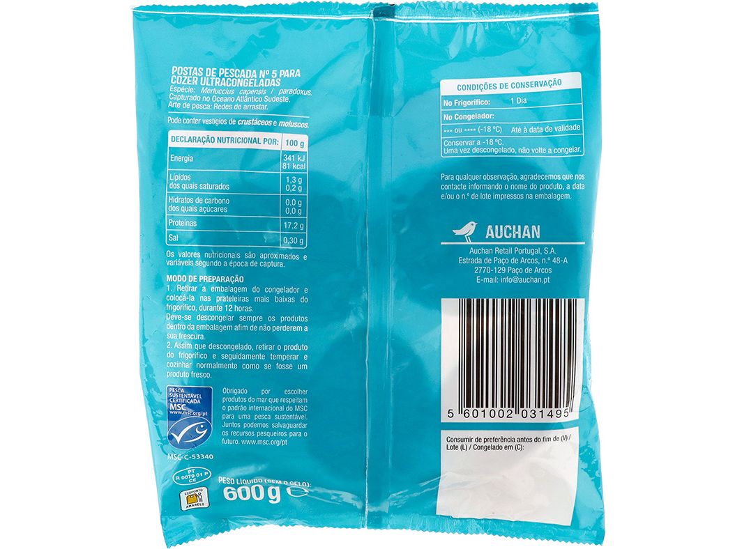 POSTA DE PESCADA AUCHAN MSC Nº5 PARA COZER 600G