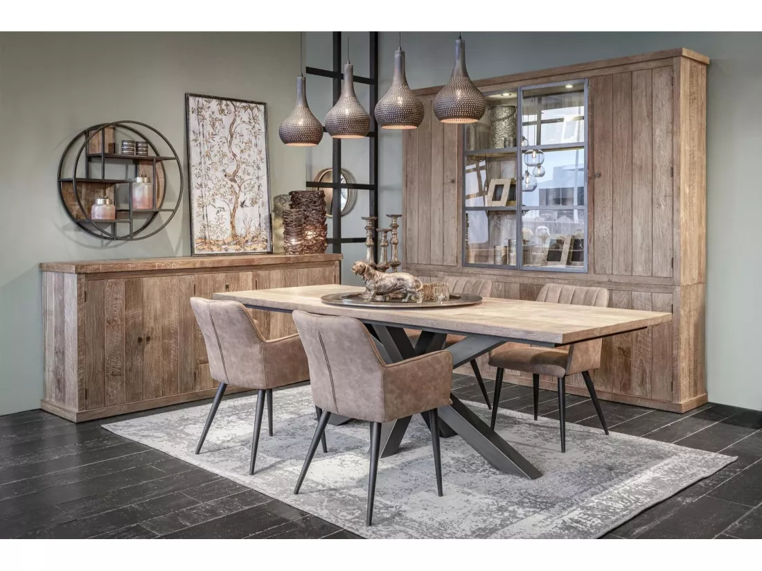 Buffet vaisselier en bois recyclé 4 portes 8 tiroirs éclairage LED - LINAS
