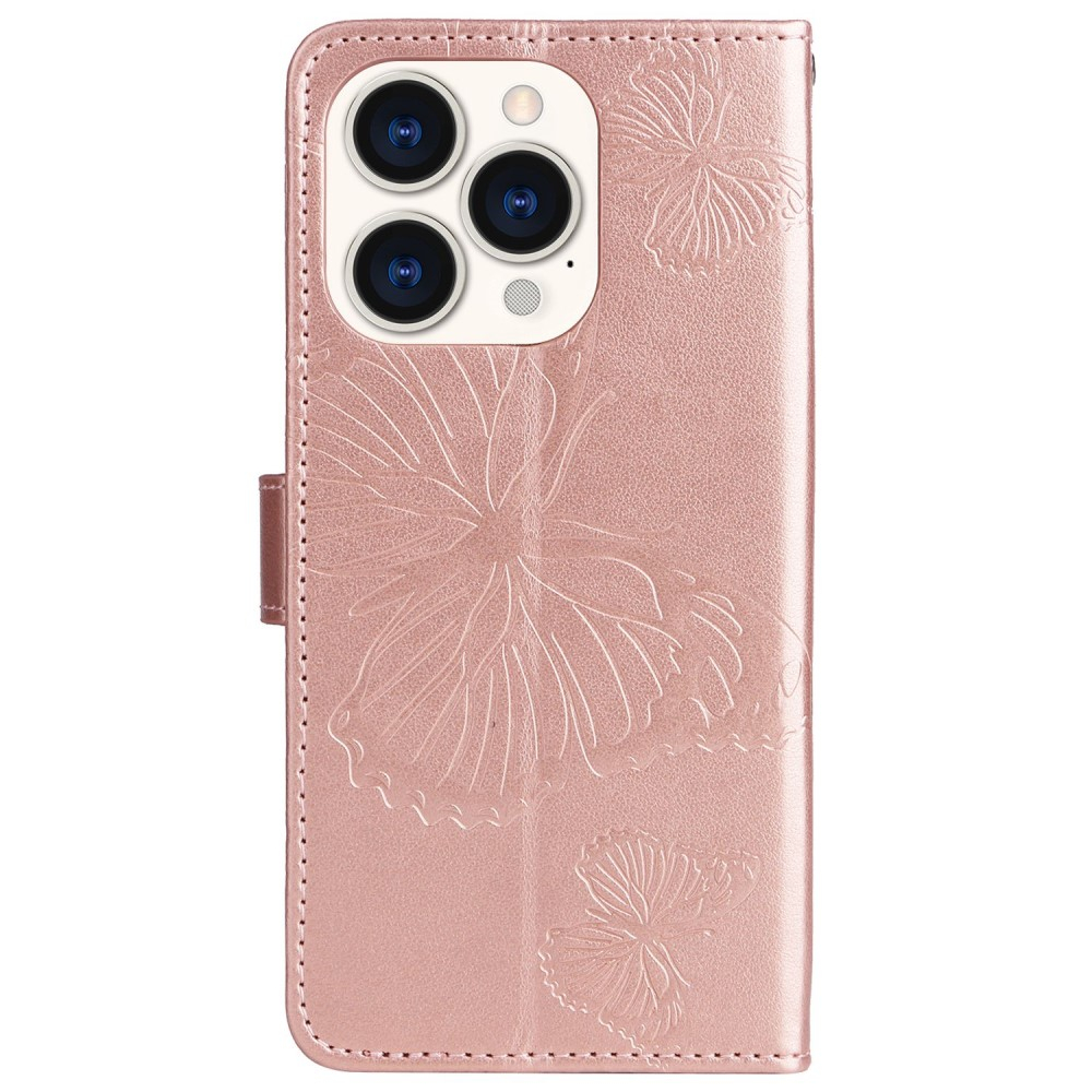 iPhone 14 Pro Leder Tasche mit Kartenfach   Handschlaufe Schmetterling - Roségold