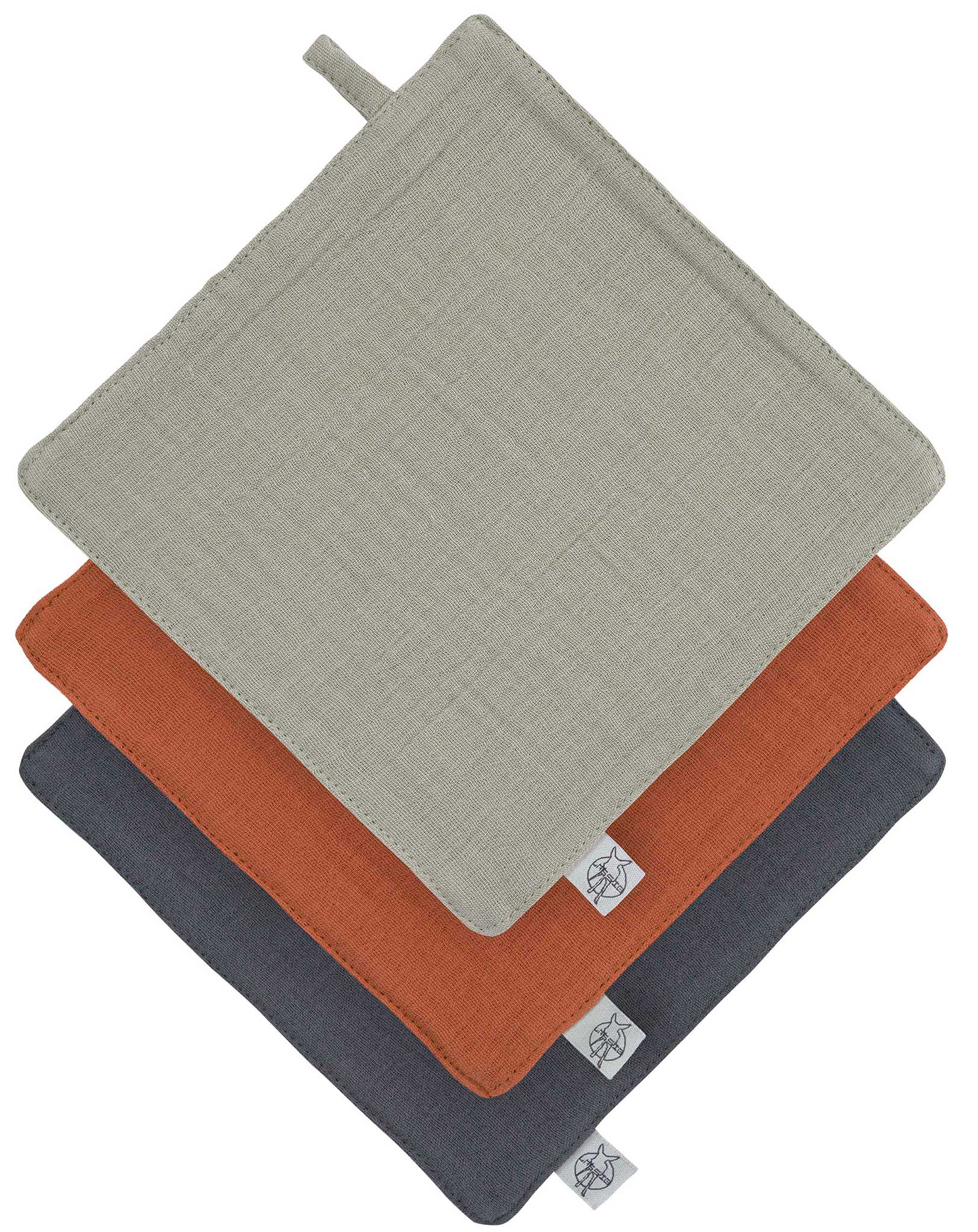 Musselin-Waschlappen (16x16) 3er-Set in olive/rust/anthracite