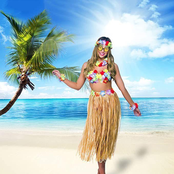 (8-tlg. Set) Fasnachts Erwachsenen Kostüm Hawaii Blumen Hula Rock Verkleidung für Sommer Motto Partys inkl. Brille - Gelb / Rot