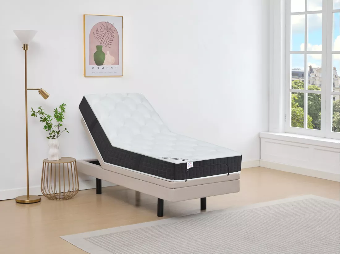 Lit électrique de relaxation déco + matelas ressorts ensachés et mémoire de forme - 80 x 200 cm - Tissu - Beige - RIZALI de YSMÉE