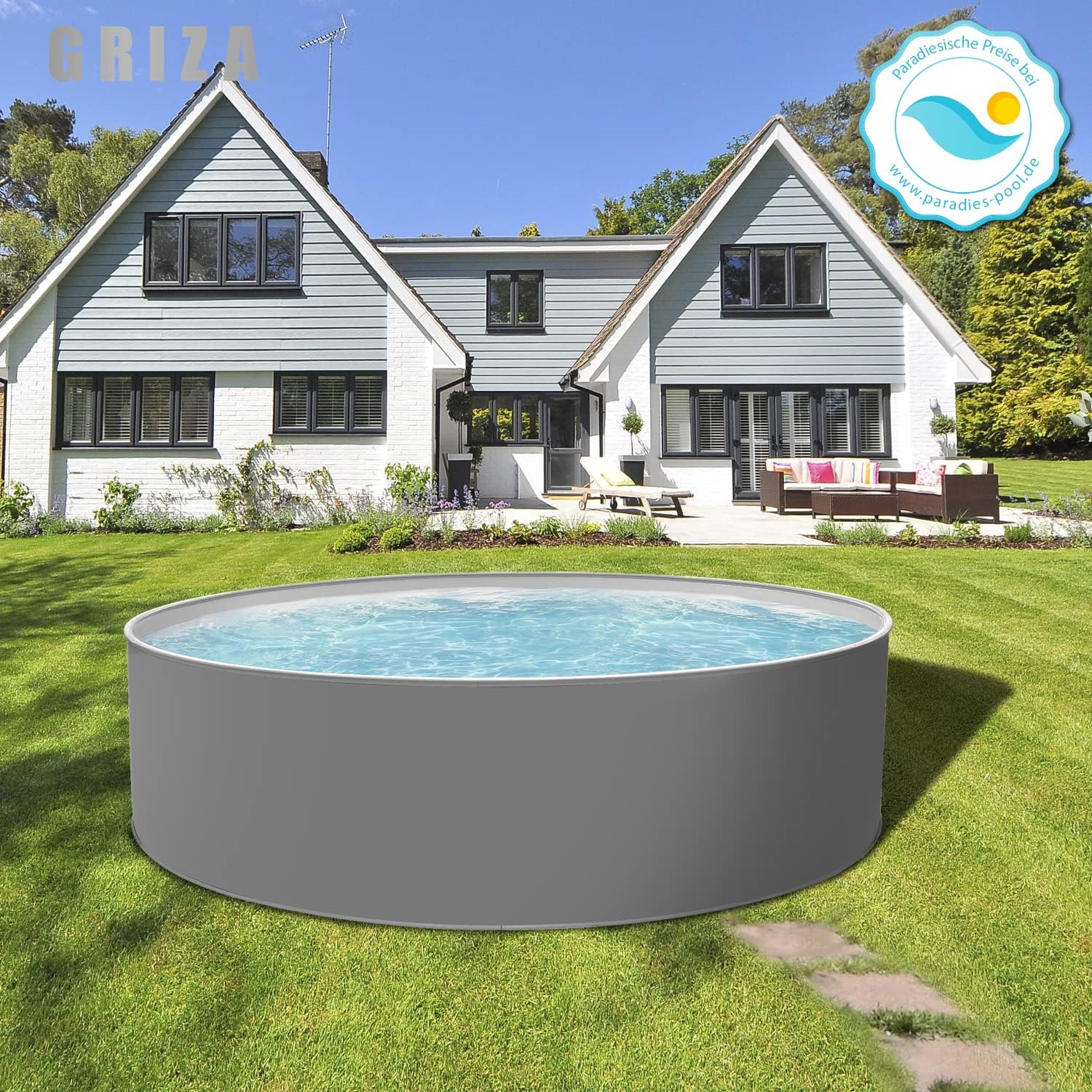 Paradies Pool Griza Komplettset Premium rund, 400x120cm (Ø x H), Stahlwandpool grau, Poolfolie in grau 0,8mm, Handlauf, inkl. Skimmer Set Leiter Pumpe Sandfilter, Swimmingpool, Menge: 1 Stück