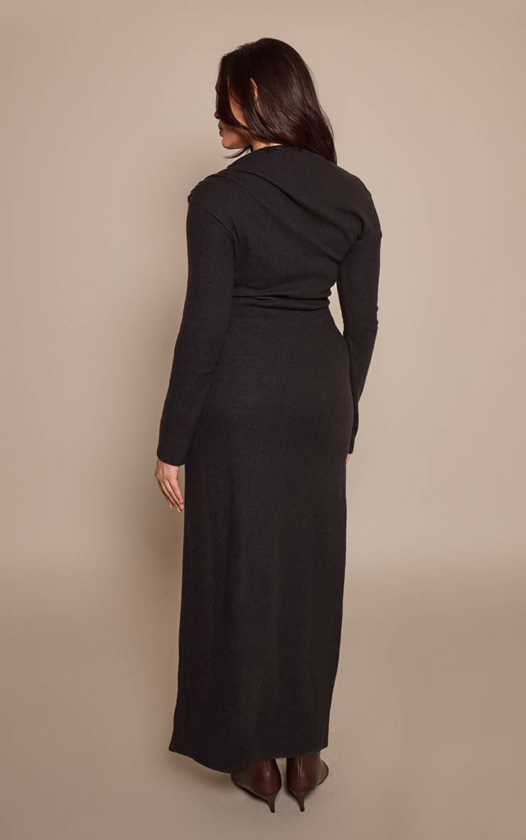 Noir Robe Maxi Grande Taille En Côtes Brossées À Manches Longues Avec Détails Froncés