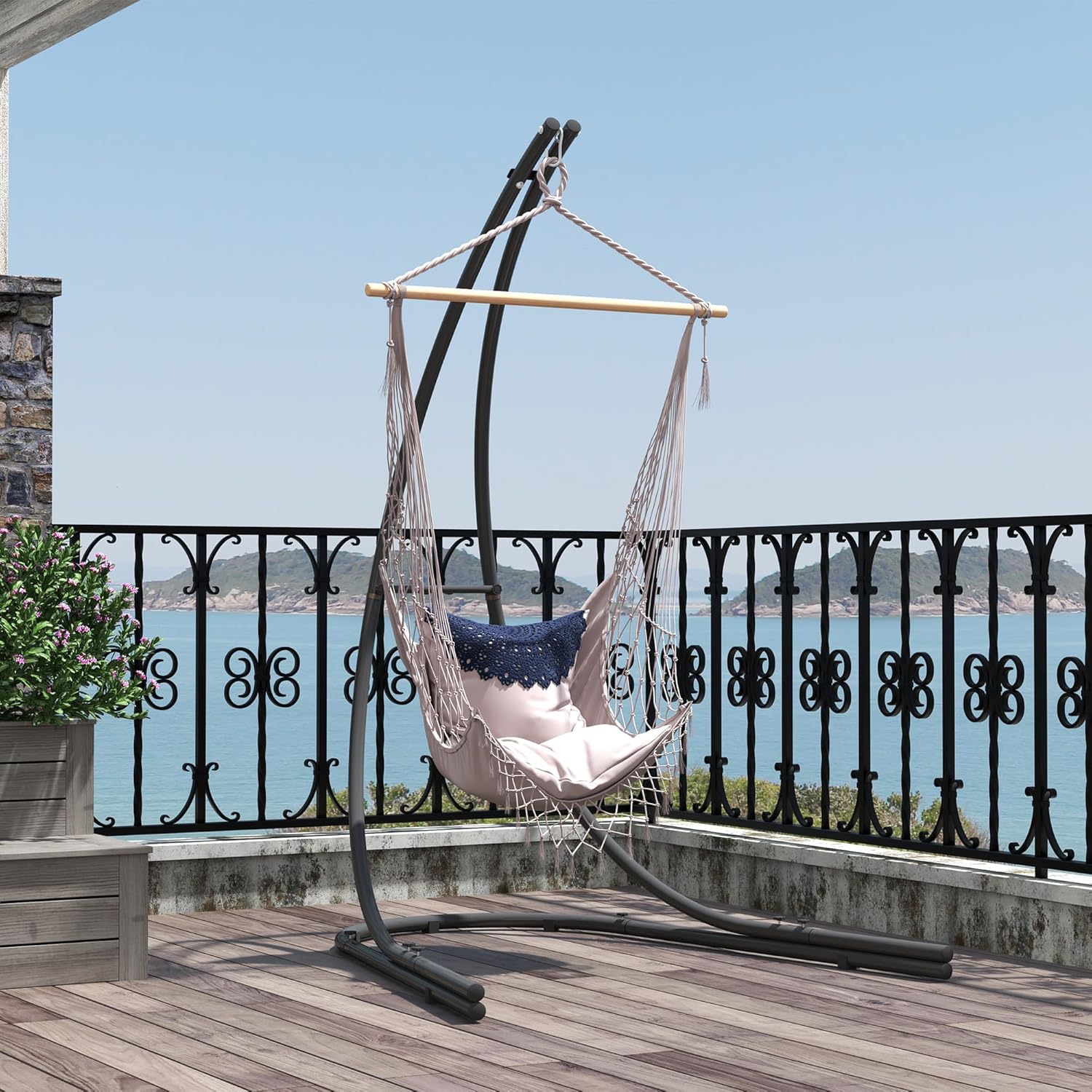 Outsunny Gestell für Hängesessel in C-Form Metall Ständer mit Sockel für Hängesitz Hängestuhl, Hängeschaukel Hängemattengestell bis 150kg, Hängestuhlgestell für Indoor Outdoor Balkon, Terrasse Schwarz