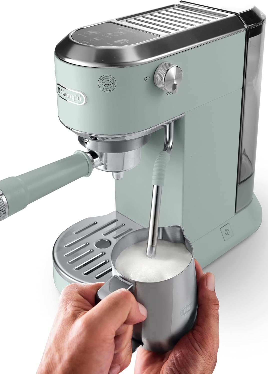 De'Longhi Dedica Duo - Perfetto Kompakte Siebträgermaschine Espressomaschine mit Soft-Touch-Icons, manuellem Milchaufschäumer für Espresso, Cappuccino und Cold Brew, 15cm breit, Grün (EC890.GR)
