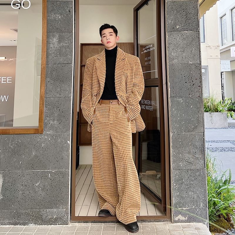 Adothuiastic - Corduroy blazer met dubbele rij knopen en piekrevers / Wijde pantalon met middelhoge taille