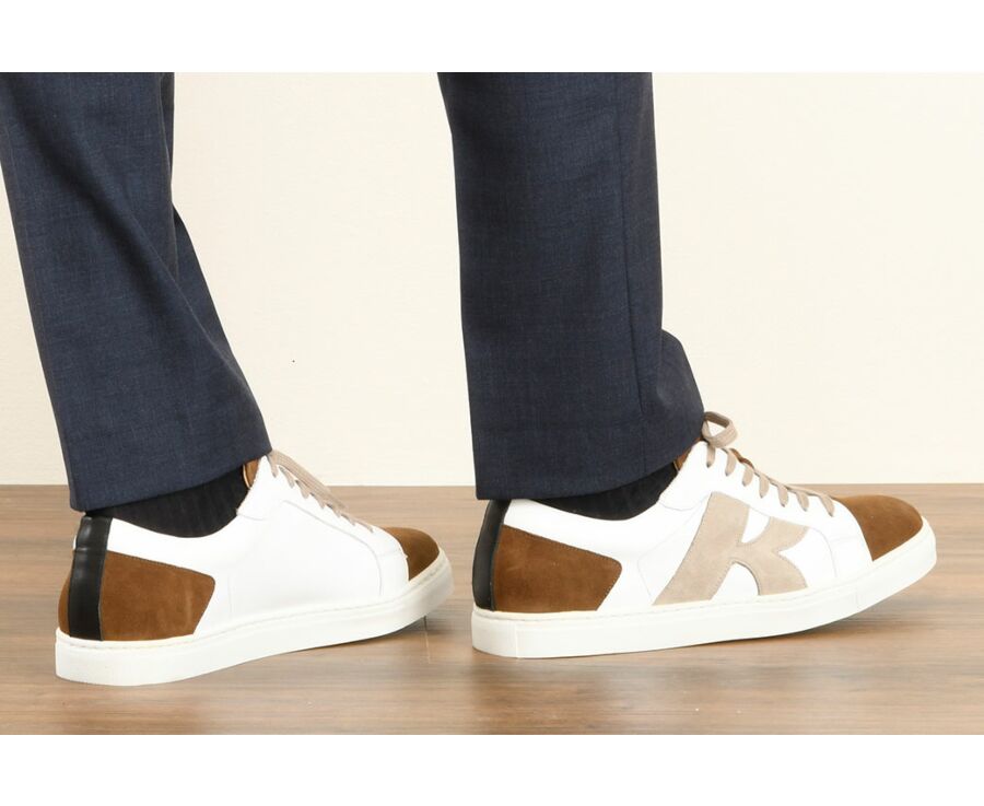 Sneakers homme Blanc et Velours Cognac - BRENTWOOD