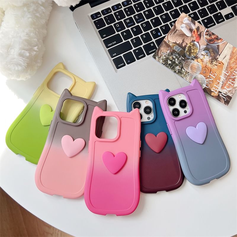 Tondephiry - Cat Ear Heart Applique Gradient Telefoonhoesje voor iPhone 16, 16 Plus, 16 Pro, 16 Pro Max, 15, 15 Pro, 15 Pro Max, 14, 14 Plus, 14 Pro, 14 Pro Max, 13, 13 Pro, 13 Pro Max