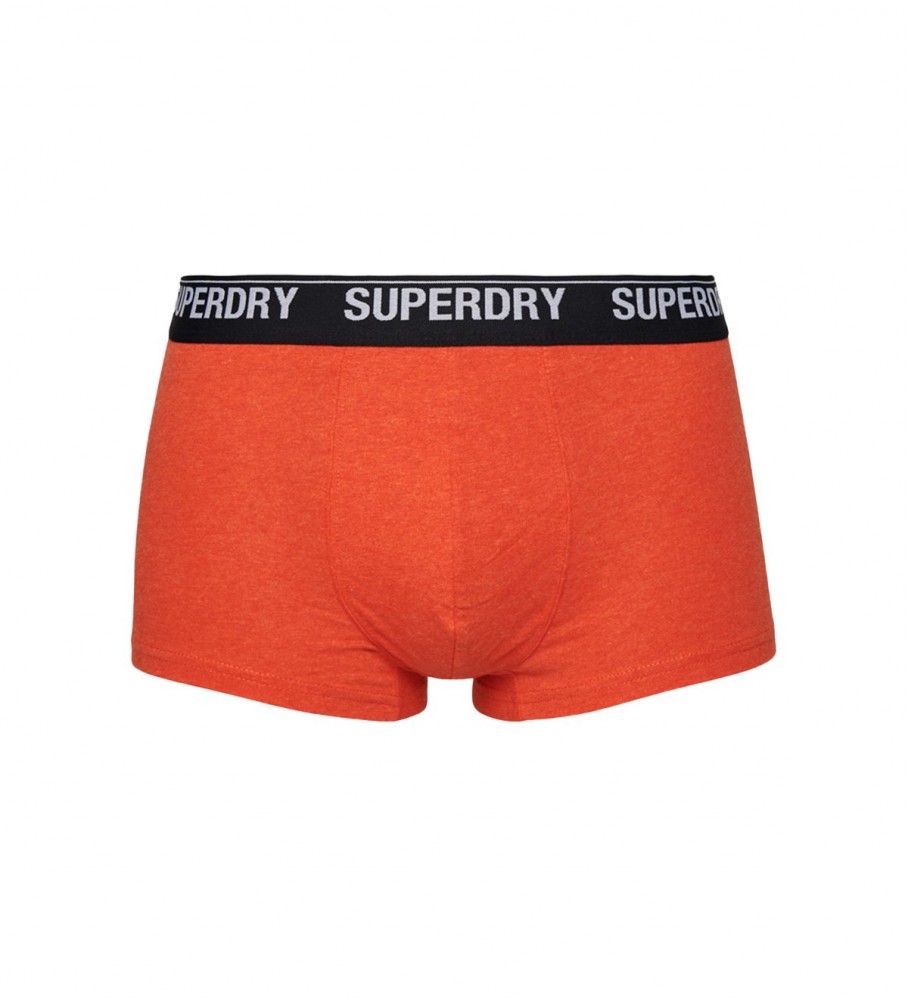 Cuecas Superdry de algodão orgânico, pacote com 3 unidades, nas cores cinza, laranja e preta.