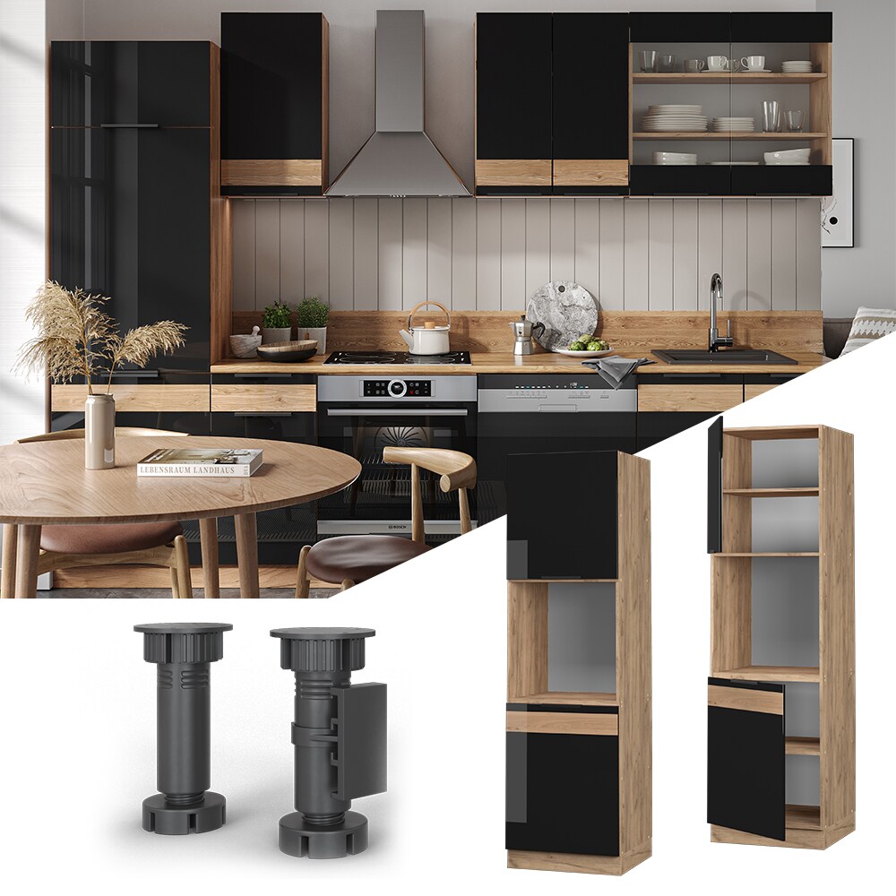 Vicco Herdhochschrank Küchenschrank Küchenmöbel Fame-Line Eiche Schwarz 60 cm modern Hochglanz