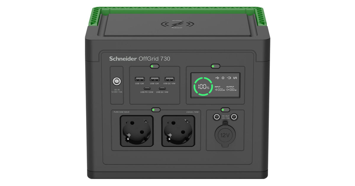 APCSchneider OffGrid draagbare Power Station 730 powerstation  (Zwart/groen, PPS730-GR, Lithium-ion batterij 738Wh, 2x 230V 700W, 3x USB-A QC, 2x USB-C PD)