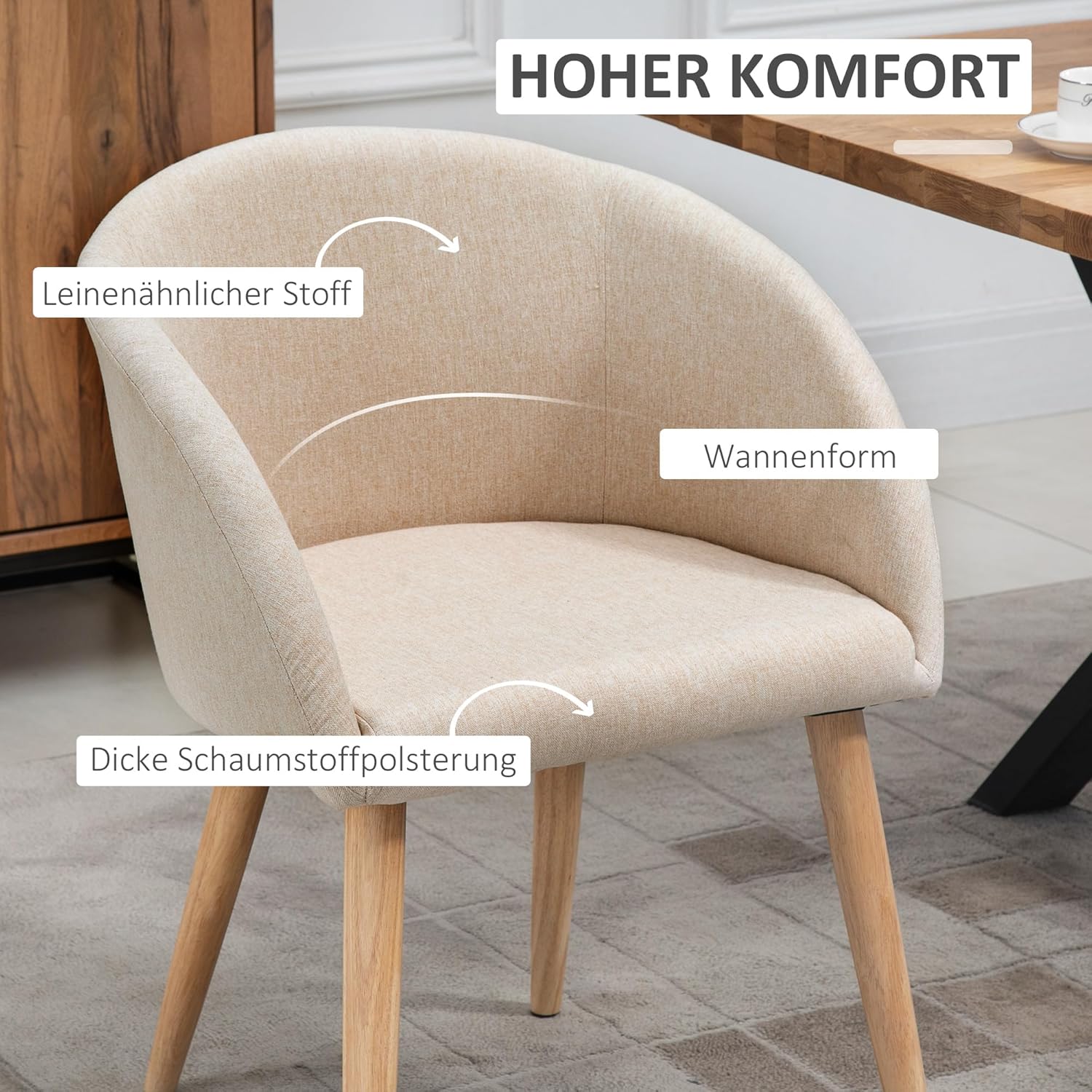HOMCOM Esszimmerstühle 2er Set Küchenstuhl mit Rückenlehne, Leinen-Optik, modern Polsterstuhl mit Armlehne, Holzbeine, Sessel für Esstisch, Essstuhl für Lounge Wohnzimmer Esszimmer, Beige