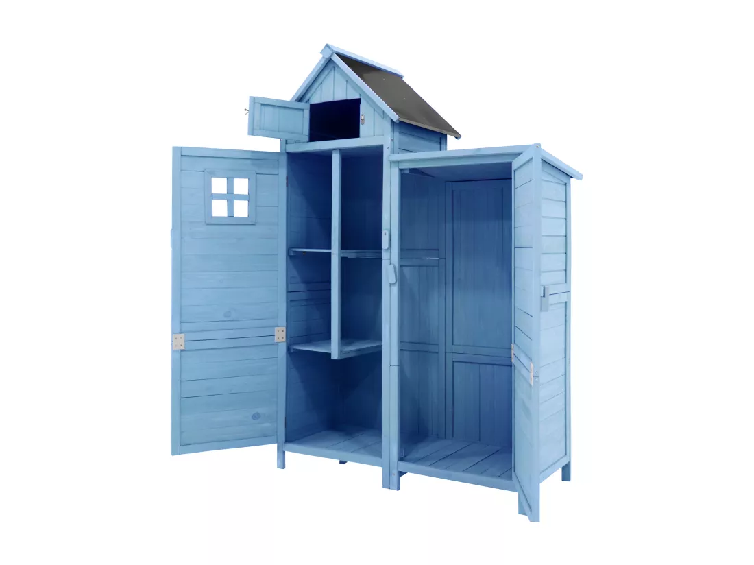 Abri de jardin en bois massif avec toit pente en PVC - 2 étagères 3 portes loquets - L118 x P54 x H173 cm - Bleu