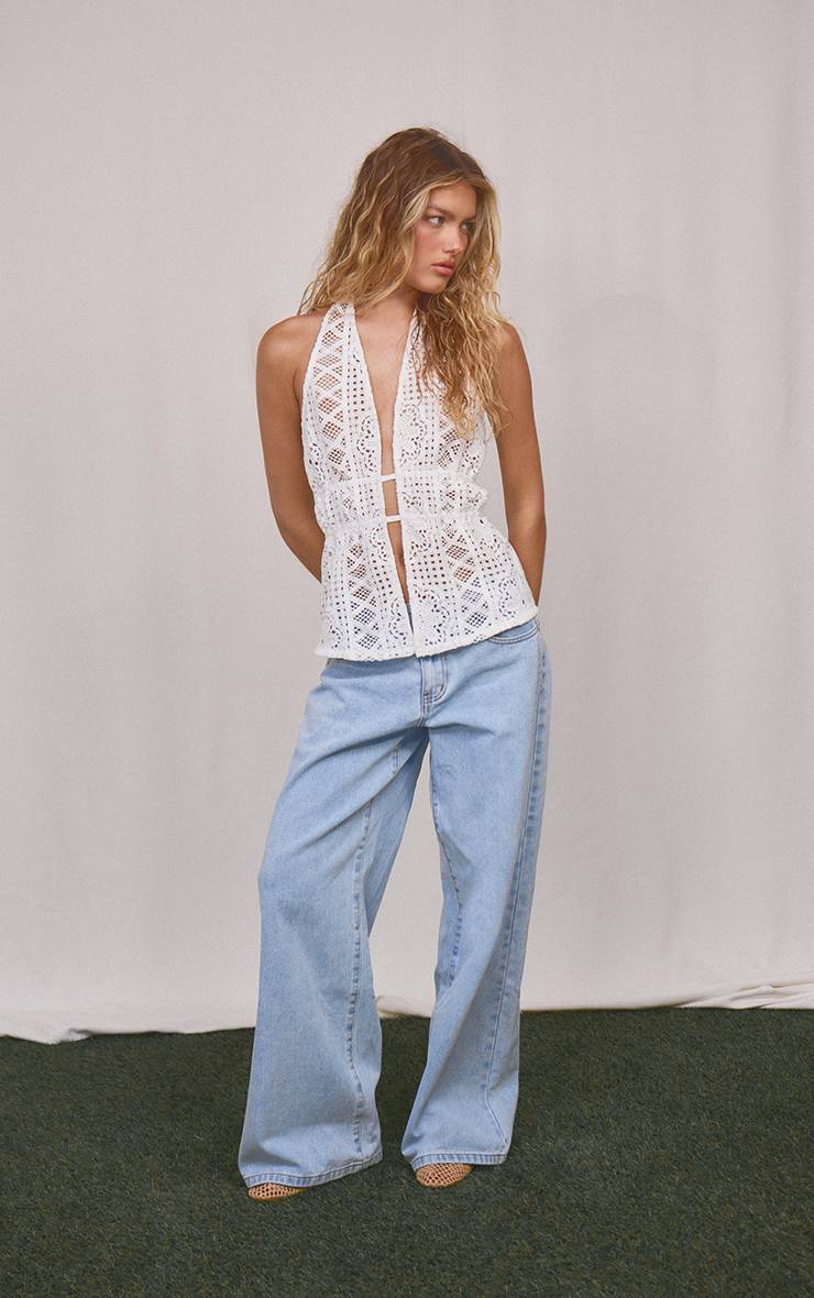 Blanc Haut Dos Nu En Crochet Avec Col Licou