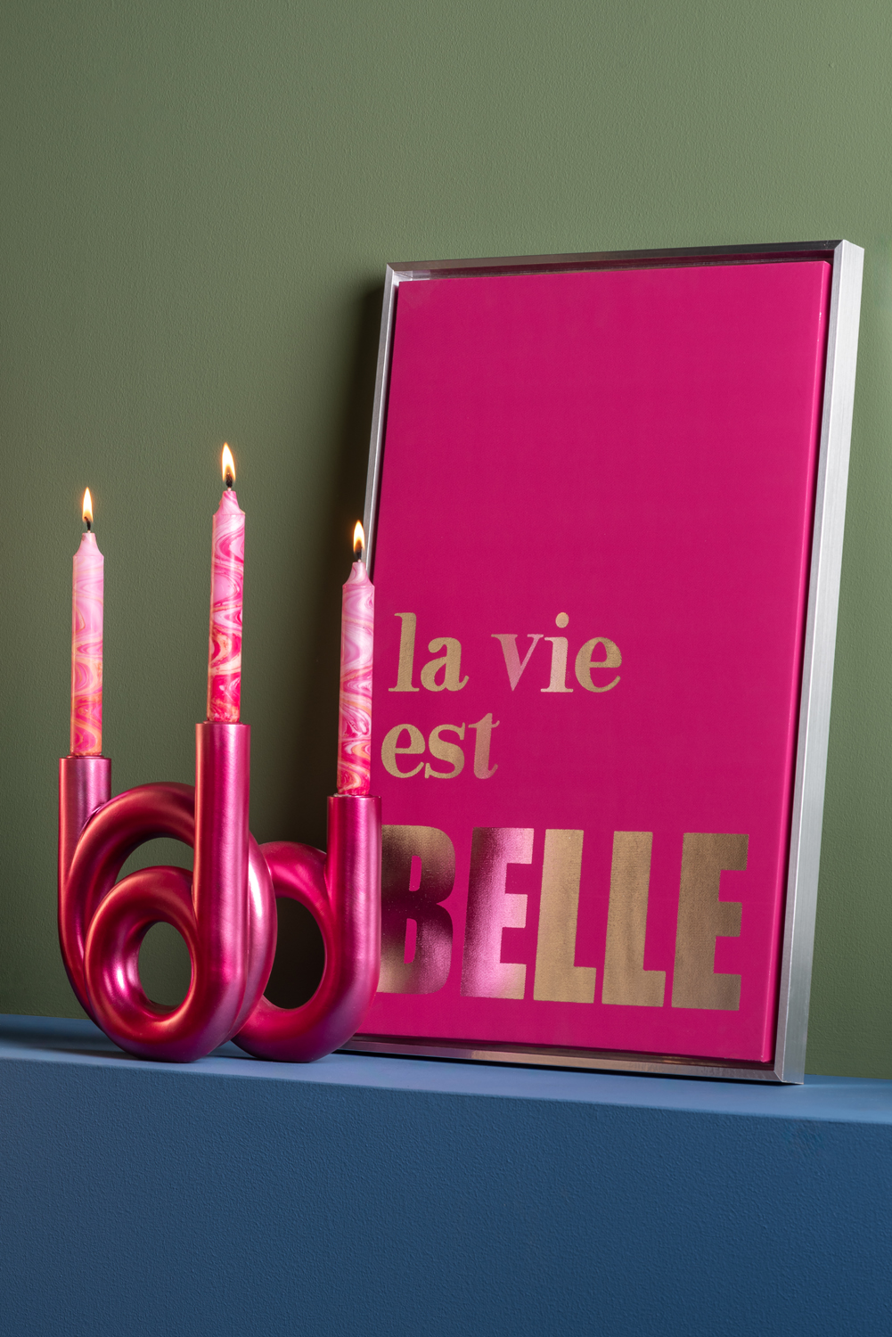 Wall art La Vie Est Belle canvas medium dark pink, silver foil