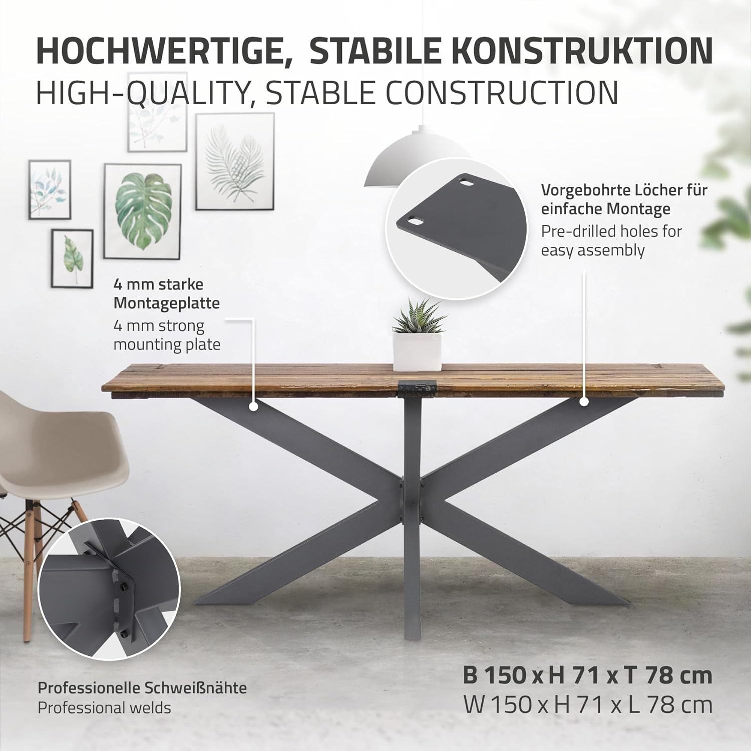ML-Design Tischgestell Spider 78x71x150 cm, Anthrazit, Kreuzgestell Kreuz X-Design Tischfüße Möbelfüße, Schwerlast Tischkufen Stahl, Metall Tischbeine, DIY Esstisch, Industriedesign, einfache Montage