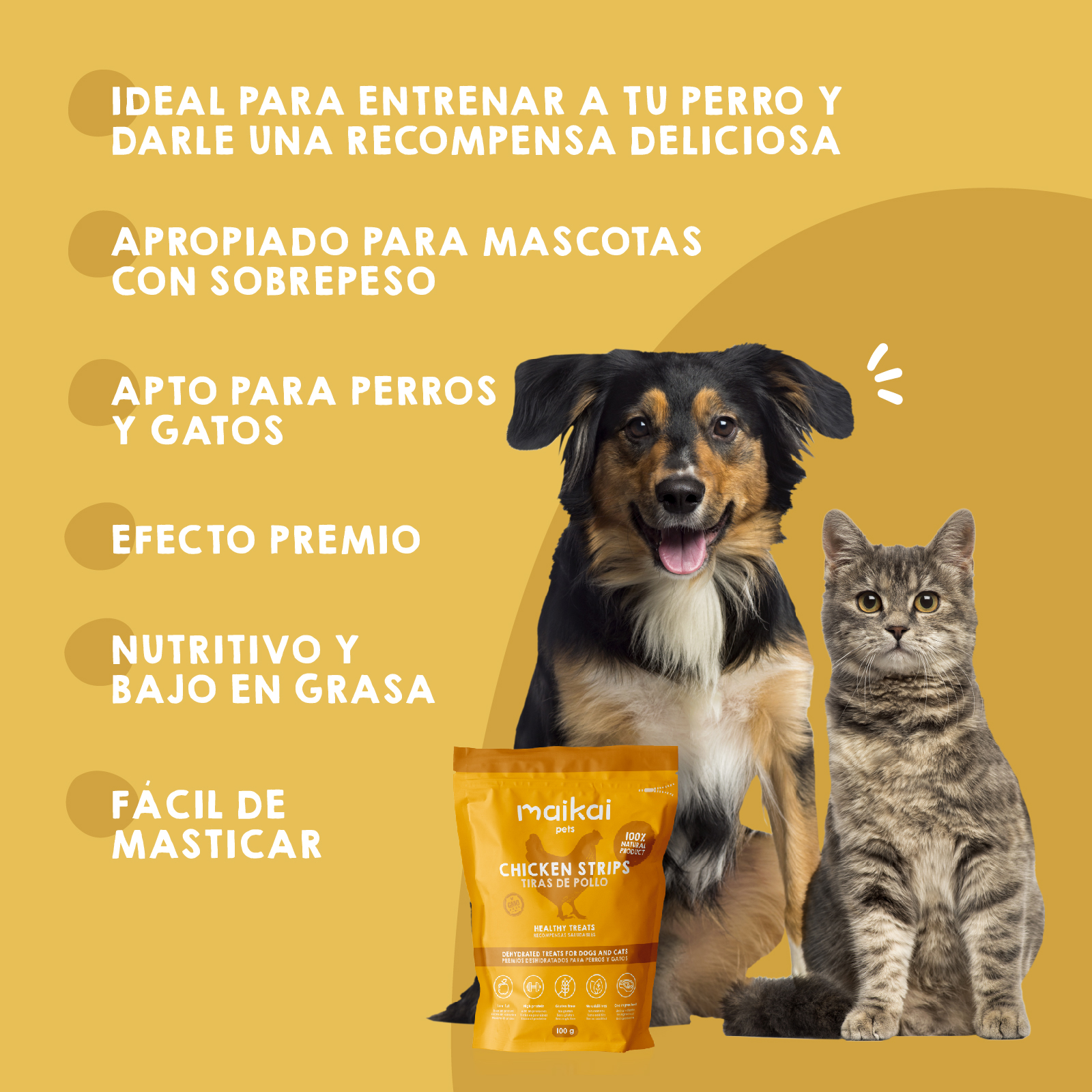 Tiras de peito de frango desidratadas. 100g. Petiscos para cães e gatos. 100% Natural. MAIKAI PETS.