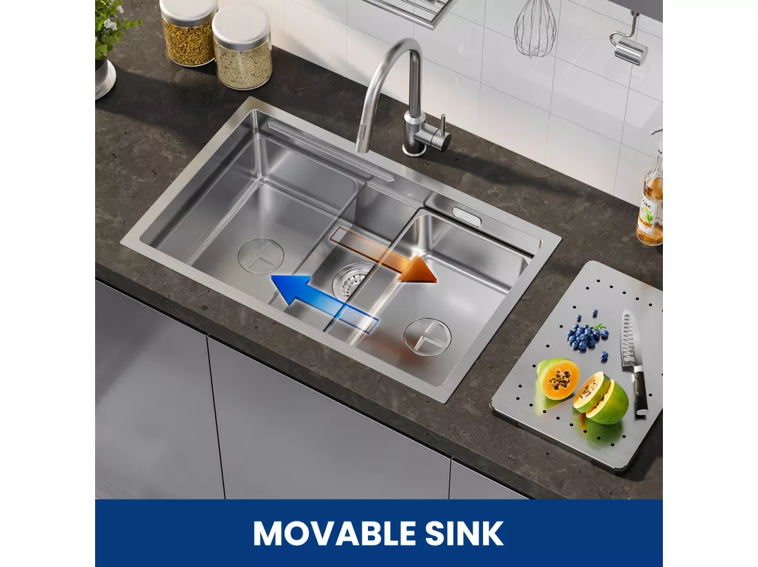 Cecipa max Évier Cuisine 1 Bac 70×44×21CM Évier à Encastrer Inox Brossé avec Egouttoir et Vasque + Mitigeur en Inox Brossé avec Douchette Extractible