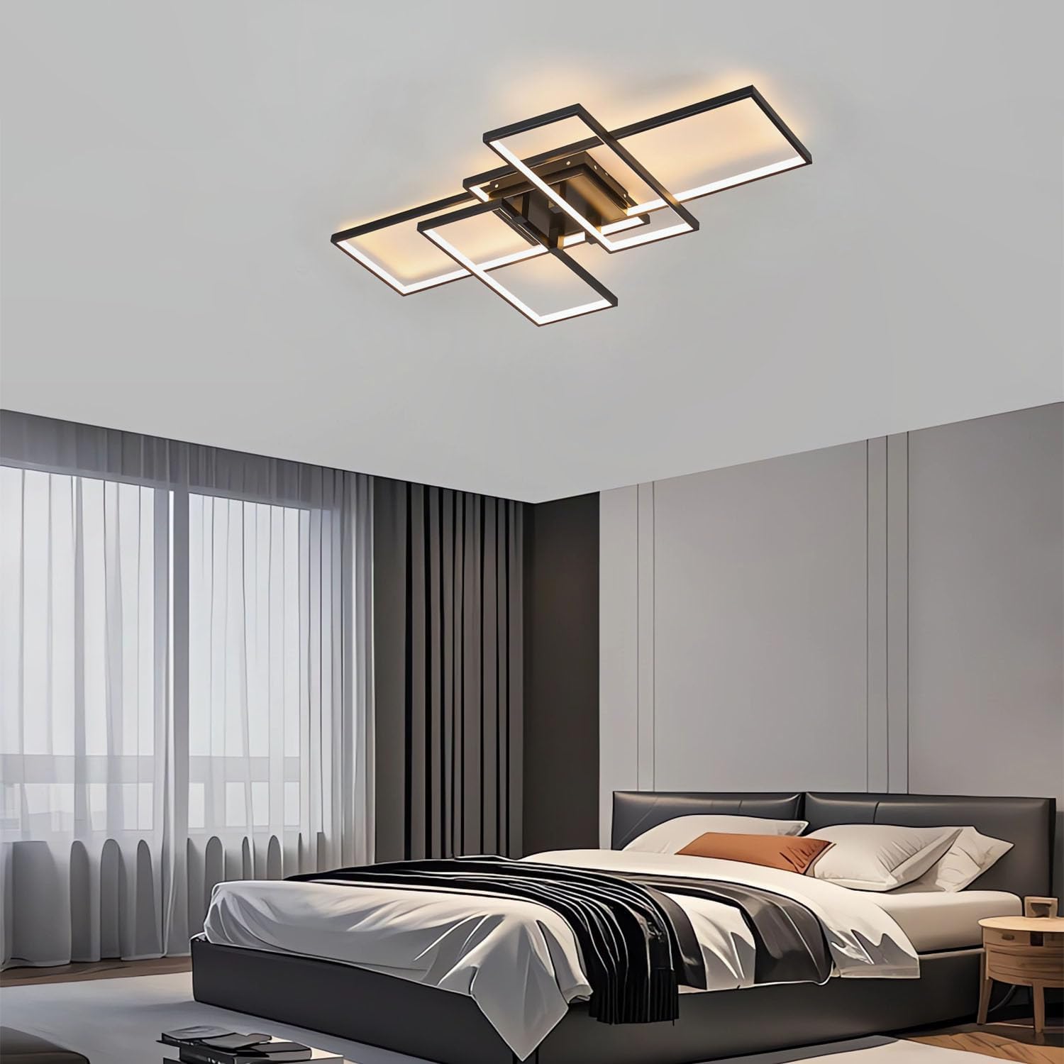 LED Flush Mount Deckenleuchte 80cm Moderne quadratische Leuchte 3000k-6000k Dimmbare decken lampen mit Fernbedienung Acryl Innenbeleuchtung für Wohnzimmer Schlafzimmer Esszimmer (Schwarz, 80cm)