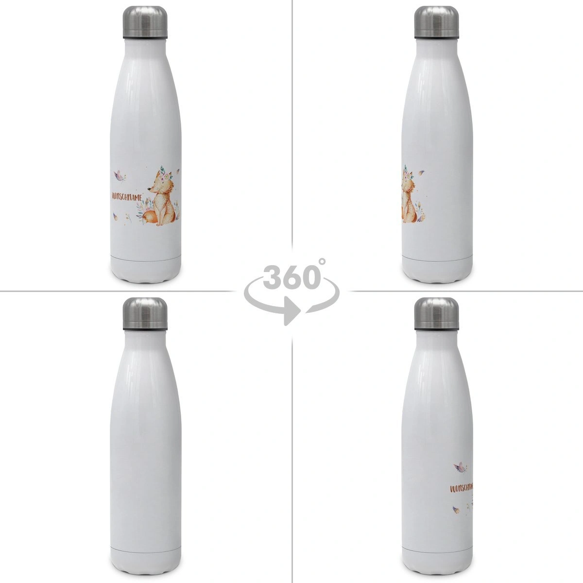 Thermo-Trinkflasche mit Namen, 500 ml, weiß (Motiv: Fuchs)