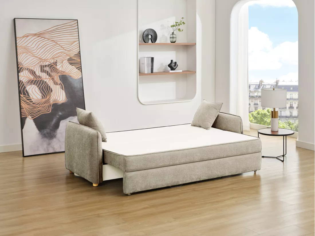 Canapé 3 places convertible en tissu beige avec assise à mémoire de forme TORNOLO