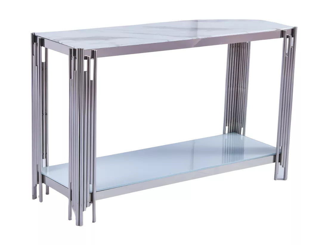 Console FLUTE Chrome plateau verre Marbre Blanc 120x40x78 cm