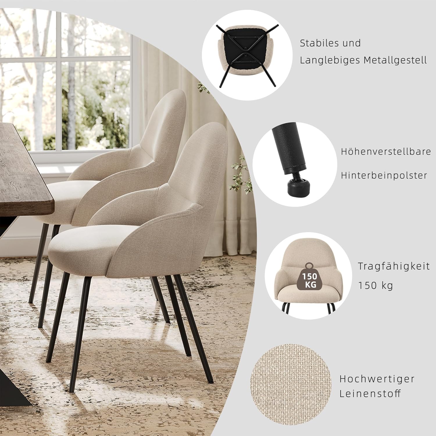 Esszimmerstühle 6er Set mit Armlehne – Ergonomische Polsterstühle, Moderne Küchenstühle mit Leinenbezug & Metallbeinen, Gepolsterte Stühle für Wohnzimmer, Esszimmer, Küche, Beige