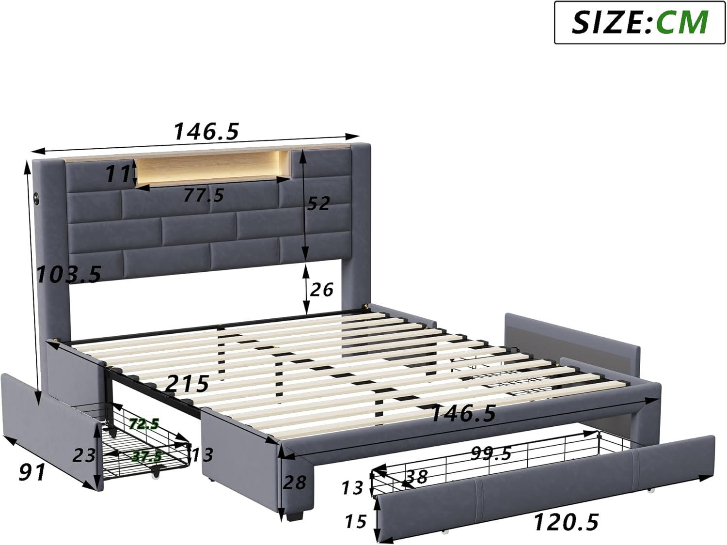 140x200cm Samtge Polsterbett,Doppelbett mit 3 Schubladen und LED-Beleuchtung,Funktionales Stauraumbett mit bequemem Kopfteil, stabilen Lattenrosten für perfekten Schlafkomfort