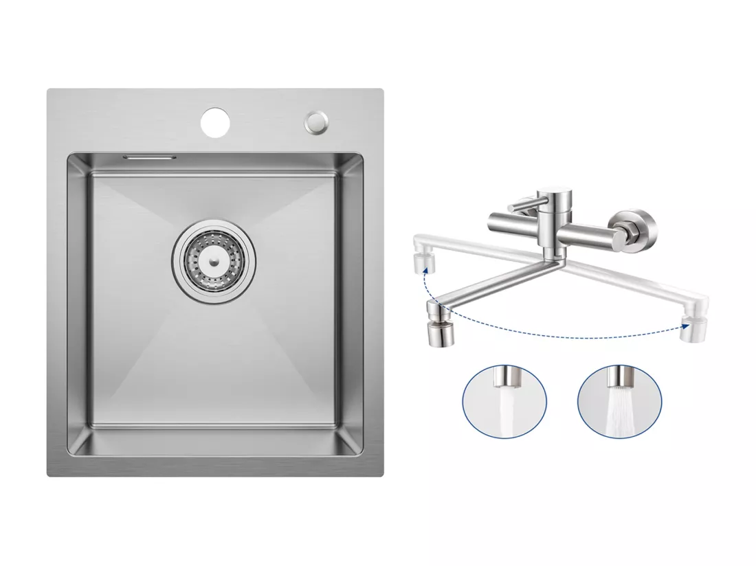 Cecipa MAX Évier Cuisine 1 Bac 40 × 45 cm Évier Inox Brossé + Mitigeur de Cuisine Mural avec 2 Jets Brossé