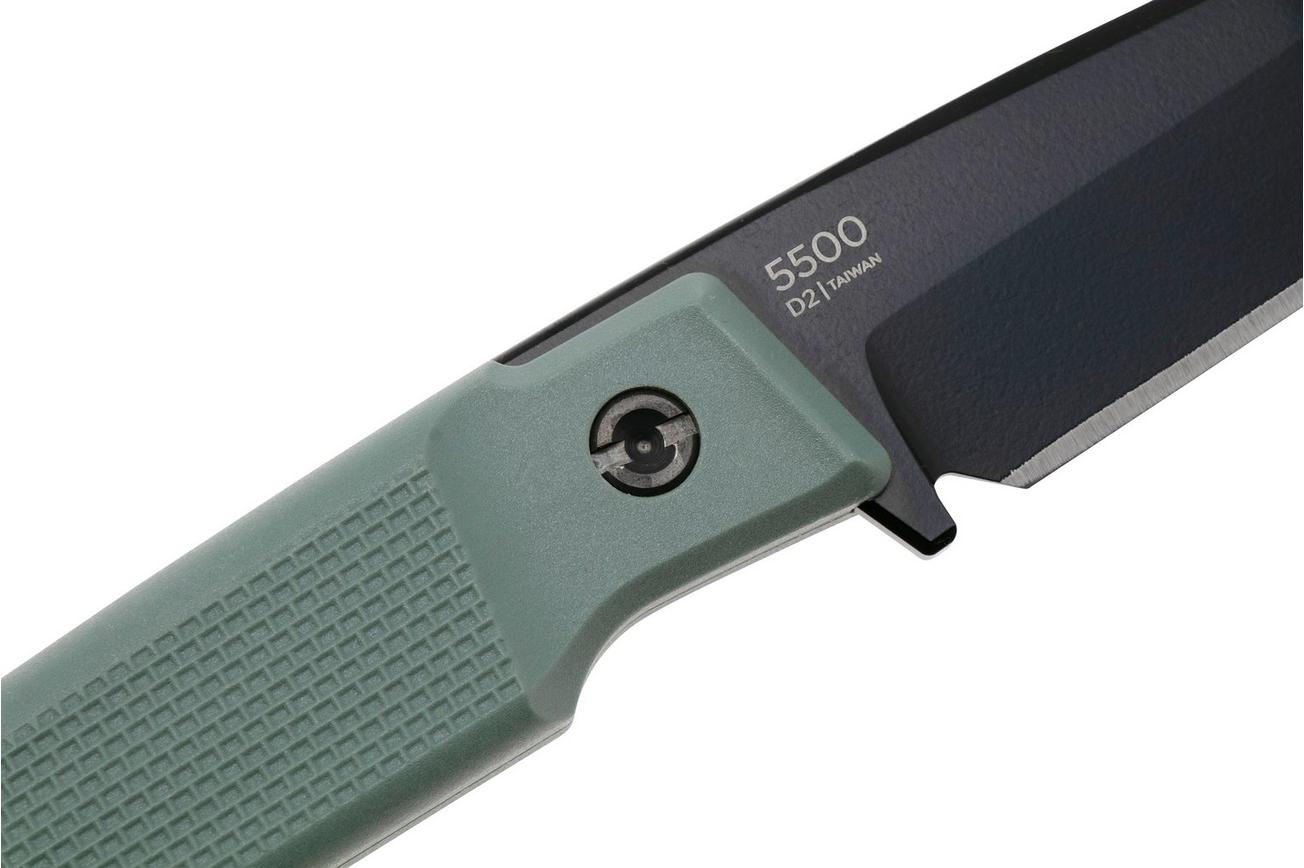 KA-BAR Apex 5500 Blackwashed D2, Grey-Green GFN, vaststaand mes, Petr Janda design