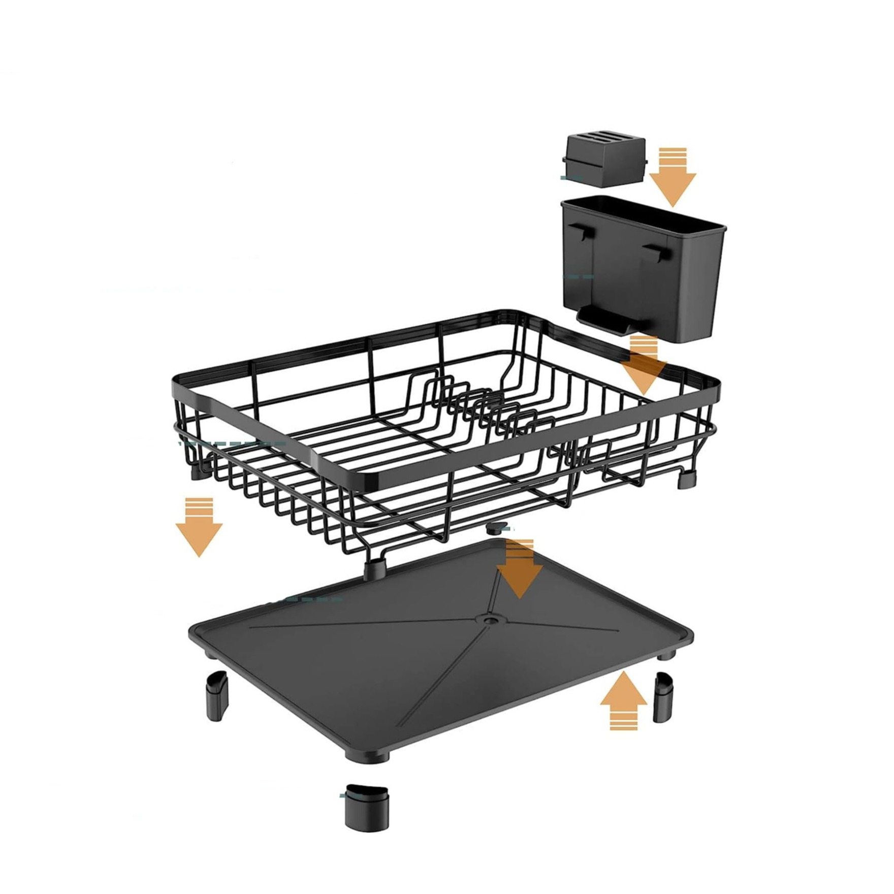 (43x33cm) Geschirr Abtropfgestell Küchen Trocknungskorb Teller Gitter Rack mit 360º Ablauf / Besteck Korb - Weiss